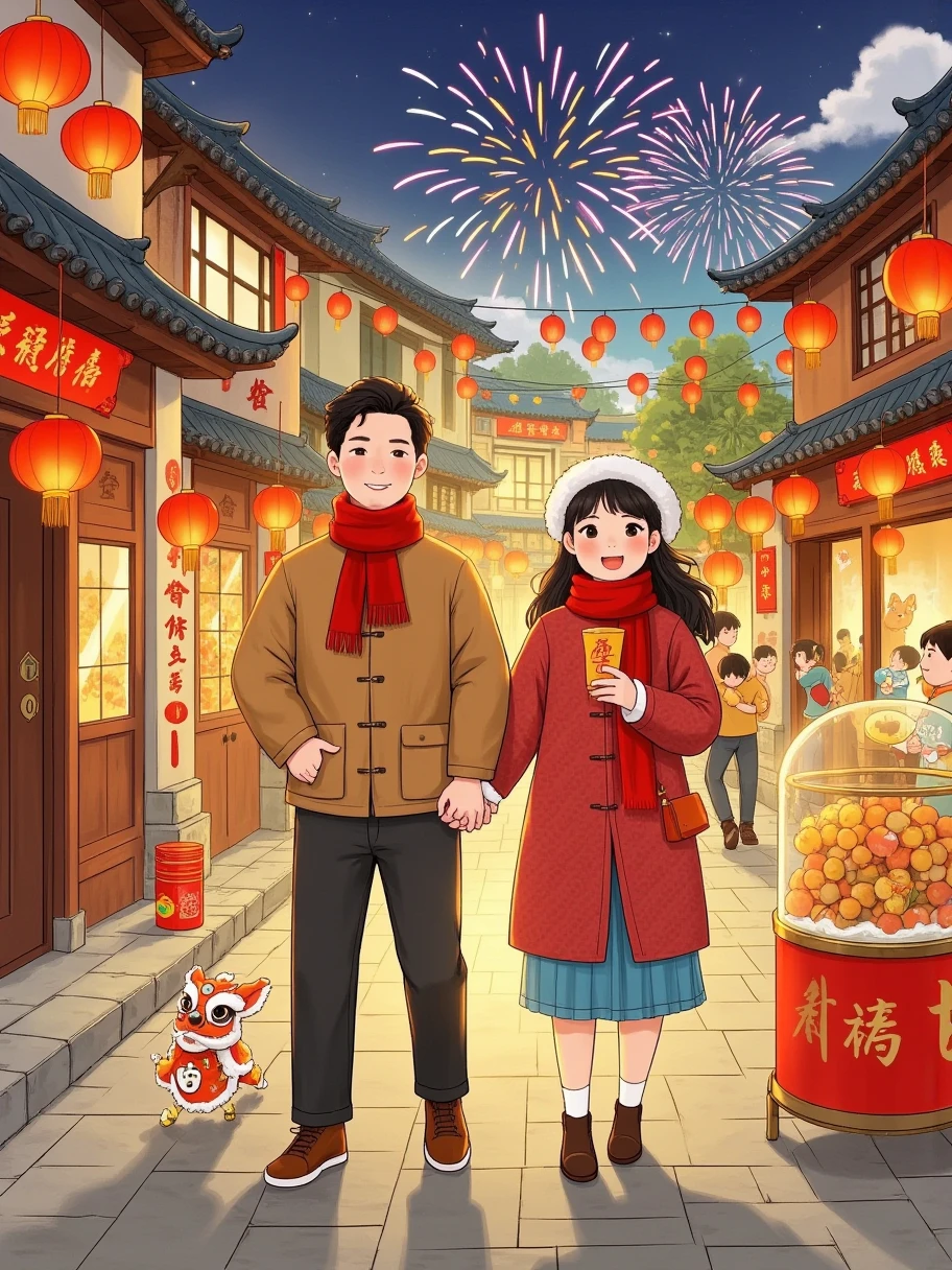 In a vector style illustration, ，描绘了一个乡村的Spring Festival集市，Spring Festival， Young Couples ，Traditional Streets ，Red Lantern，Fashion，Red Scarves ，hat，firecracker，smoke， Balloon Stalls ，bunny balloon，square， Lion Dance，Sound of gongs and drums ，fireworks，Make a Wish，Ancient buildings，couplet，Lucky characters，Window paper-cuts，romantic，happiness， Innocent Fun ， The whole picture is full of serenity and joy ，体现了中国乡村Spring Festival的祥和与热闹， perfectly blends traditional and modern vector styles， shows the unique charm of the Chinese Lunar New Year 