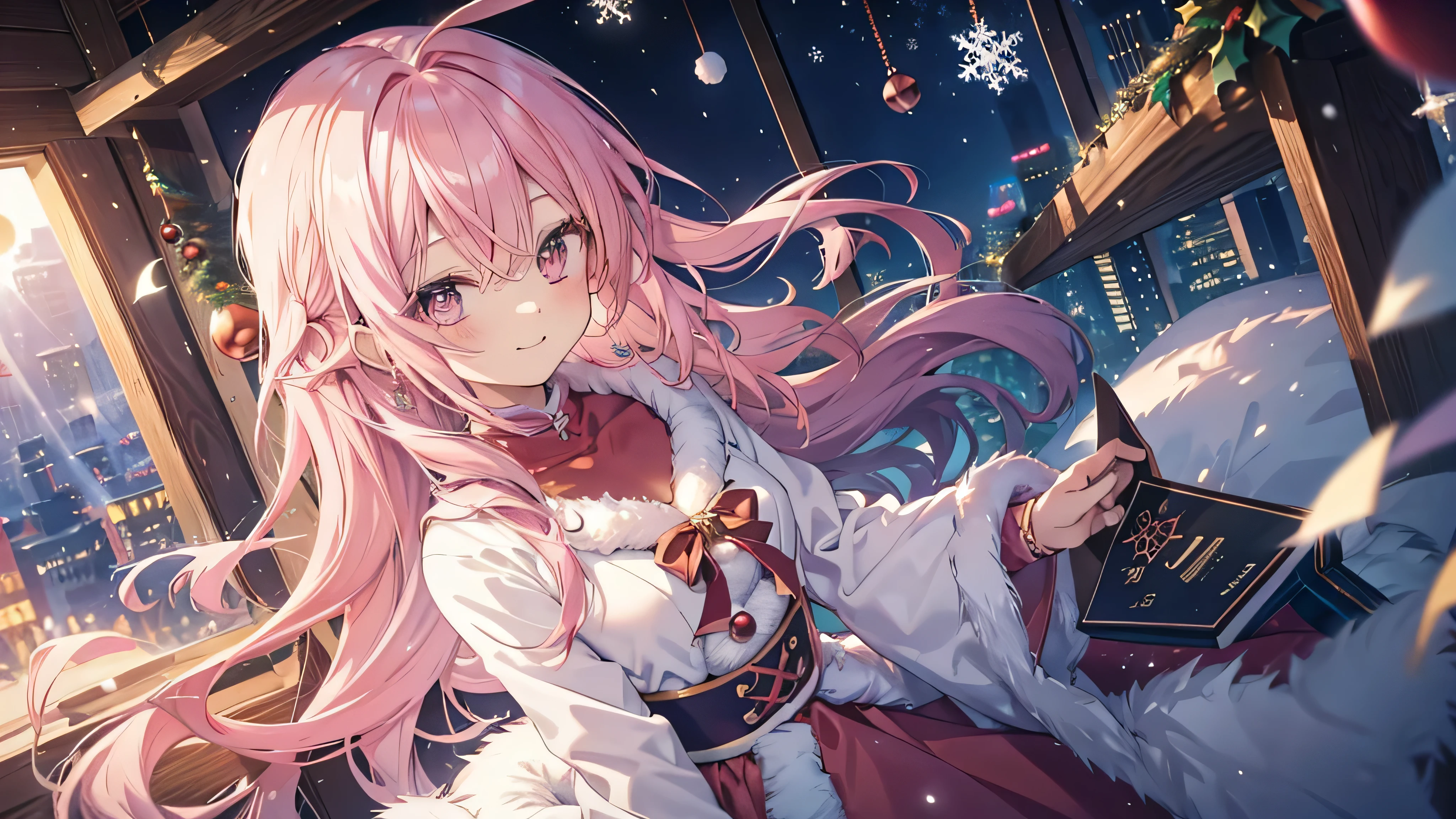 cute anime pink haired girl、 Dynamic 、 long hair、(Angle from above、 Best Smile 、 Christmas style )