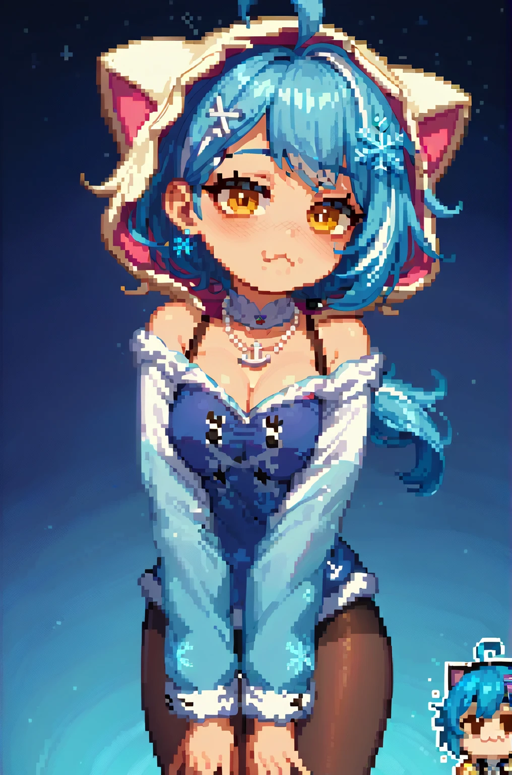   High Quality 、 Thick outline,  High Quality 、 chibi、Thick outline、Pixel art
1 girl  ,    golden eyes ,    two-tone_hair, Silver_hair,Blue Hair、streaked_hair、 shortcuts,     low ponytail in tights、    earrings for women   ,  Ahoge,     asymmetrical bang  ,   x-shaped hair ornament ,  [[Sleepy eyes、  dark circles under eyes  、   black tights、whole body、Time to Sleep 、 The background is white、Front、Skin only、 messy hair 、  Wobble Mouth   、  Fluffy pajamas、Anchor Necklace,  snowflake hair accessory, Cat shaped hood , 