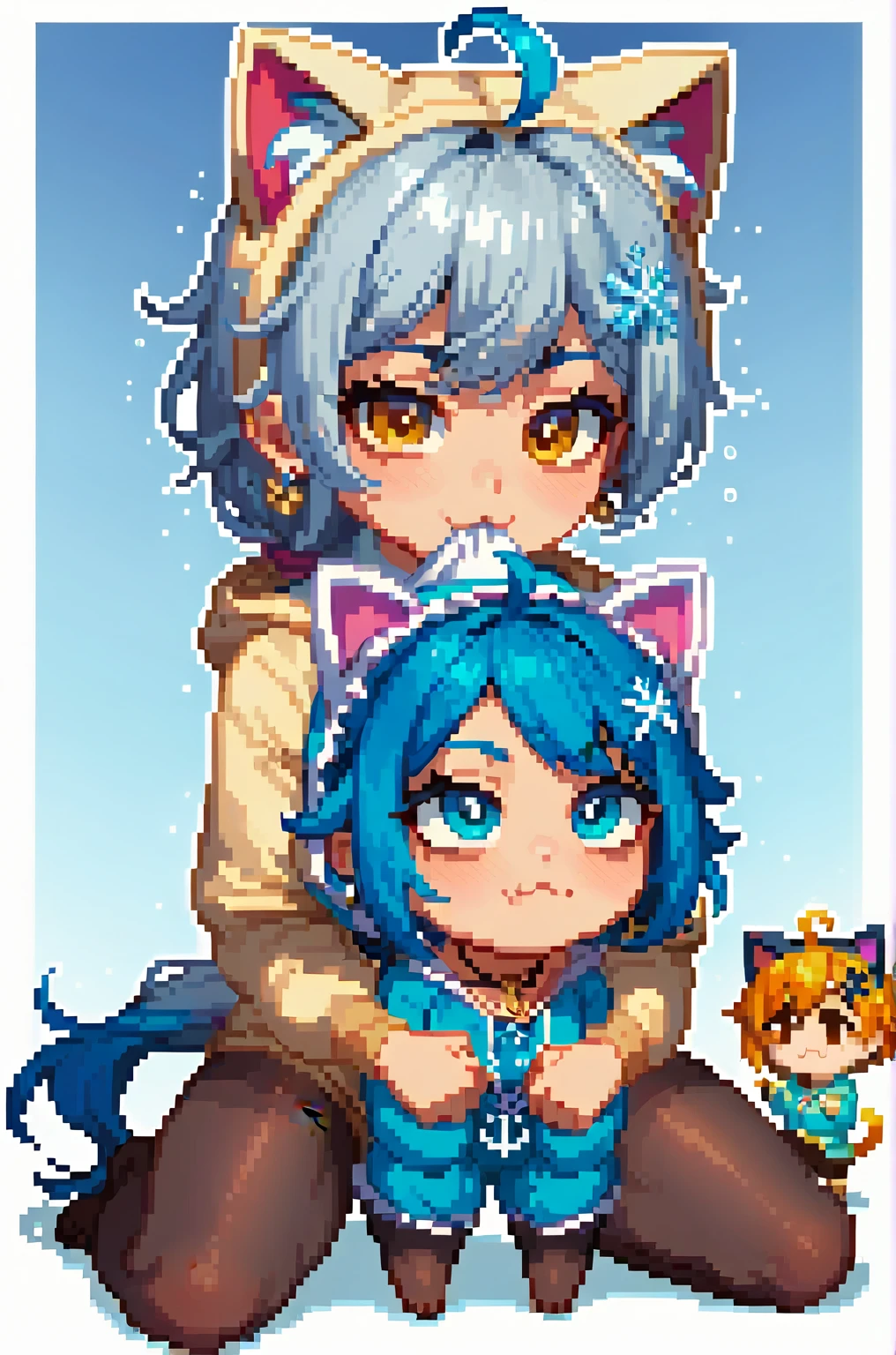   High Quality 、 Thick outline,  High Quality 、 chibi、Thick outline、Pixel art
1 girl  ,    golden eyes ,    two-tone_hair, Silver_hair,Blue Hair、streaked_hair、 shortcuts,     low ponytail in tights、    earrings for women   ,  Ahoge,     asymmetrical bang  ,   x-shaped hair ornament ,  [[Sleepy eyes、  dark circles under eyes  、   black tights、whole body、Time to Sleep 、 The background is white、Front、Skin only、 messy hair 、  Wobble Mouth   、  Fluffy pajamas、Anchor Necklace,  snowflake hair accessory, Cat shaped hood , 