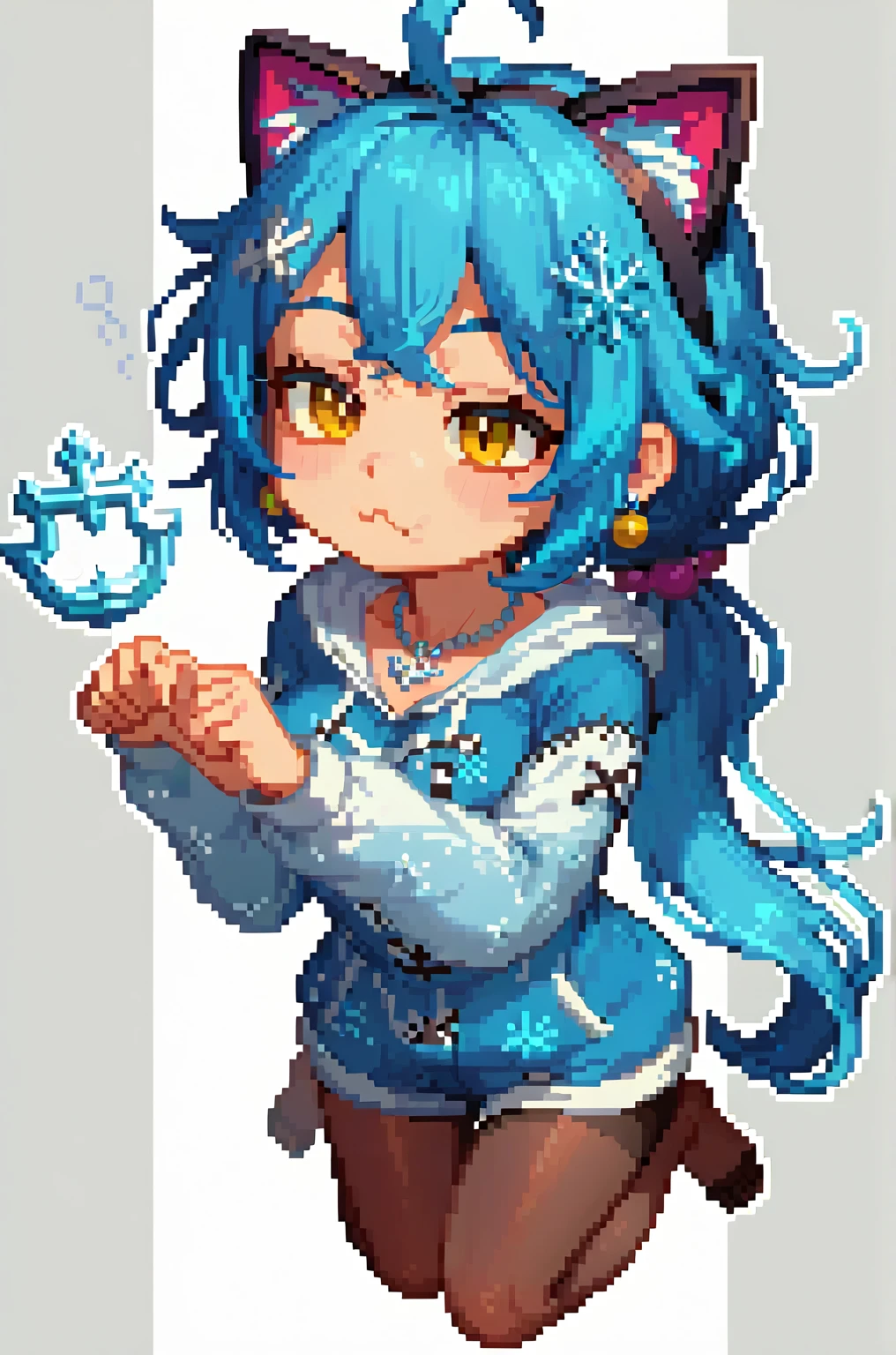   High Quality 、 Thick outline,  High Quality 、 chibi、Thick outline、Pixel art
1 girl  ,    golden eyes ,    two-tone_hair, Silver_hair,Blue Hair、streaked_hair、 shortcuts,     low ponytail in tights、    earrings for women   ,  Ahoge,     asymmetrical bang  ,   x-shaped hair ornament ,  [[Sleepy eyes、  dark circles under eyes  、   black tights、whole body、Time to Sleep 、 The background is white、Front、Skin only、 messy hair 、  Wobble Mouth   、  Fluffy pajamas、Anchor Necklace,  snowflake hair accessory, Cat shaped hood , 