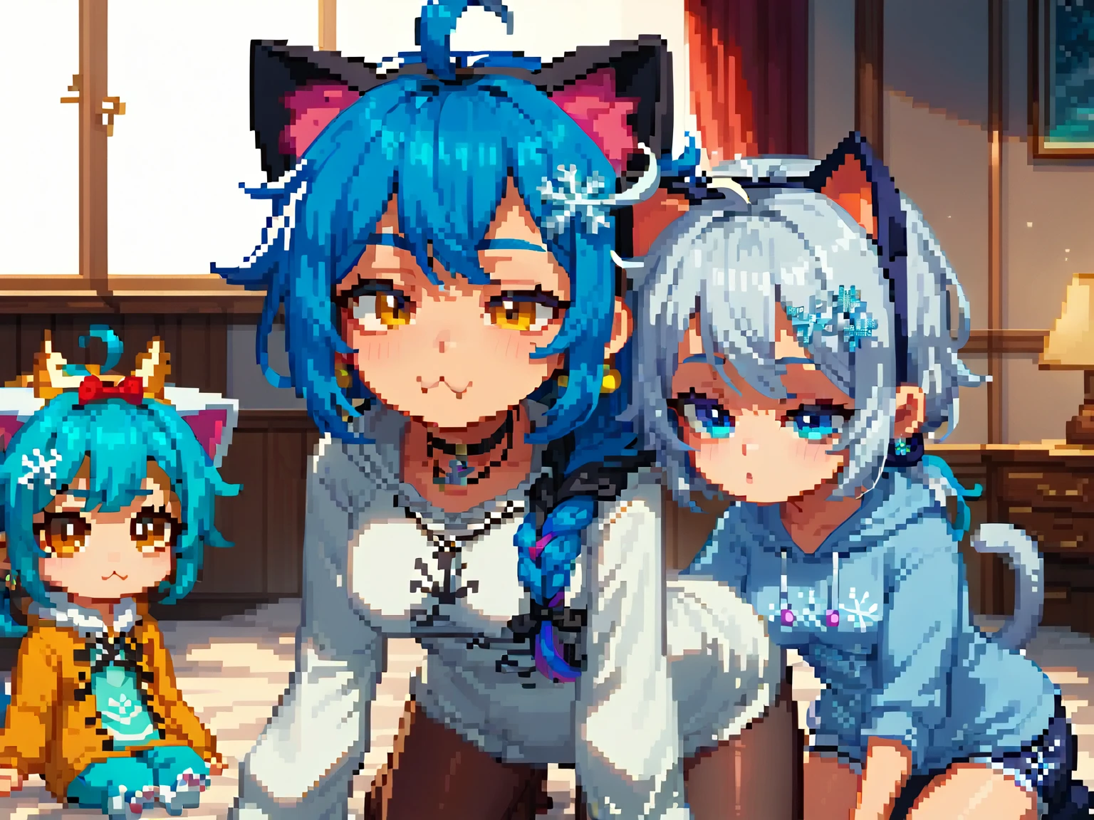   High Quality 、 Thick outline,  High Quality 、 chibi、Thick outline、Pixel art
1 girl  ,    golden eyes ,    two-tone_hair, Silver_hair,Blue Hair、streaked_hair、 shortcuts,     low ponytail in tights、    earrings for women   ,  Ahoge,     asymmetrical bang  ,   x-shaped hair ornament ,  [[Sleepy eyes、  dark circles under eyes  、   black tights、whole body、Time to Sleep 、 The background is white、Front、Skin only、 messy hair 、  Wobble Mouth   、  Fluffy pajamas、Anchor Necklace,  snowflake hair accessory, Cat shaped hood , 