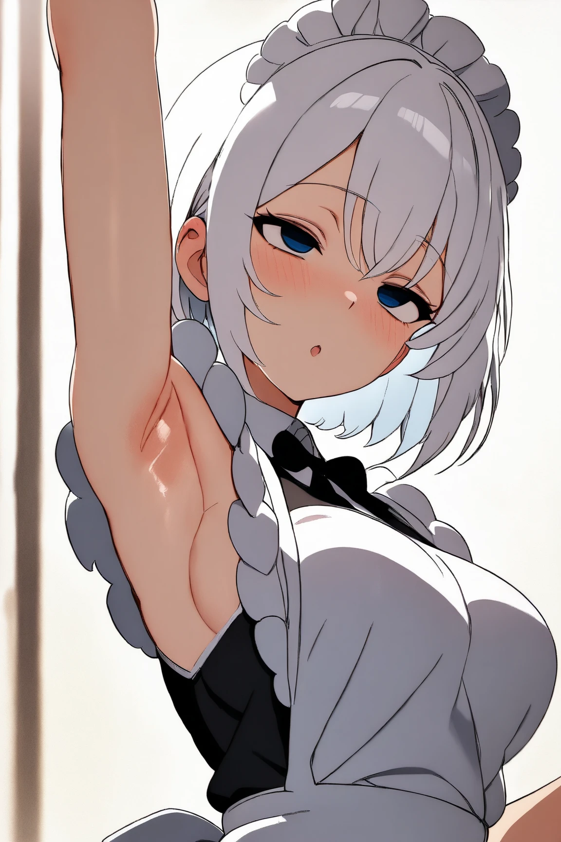 (masterprice, HDR, 2k, High Resolution) 1girl, bob cut, white hair, hypnotized expression, lazy expression, simple background, white appron, maid, short sleeveless, arm up, side armpits, armpits focus, more focus armpits, zoom armpits, i need more focus armpits, very detailed armpits, armpit crease, armpits detailed, shiny armpits, hot armpits, very hot armpits, detailed skin, anime art, Anime Style, Anime, Simple background.