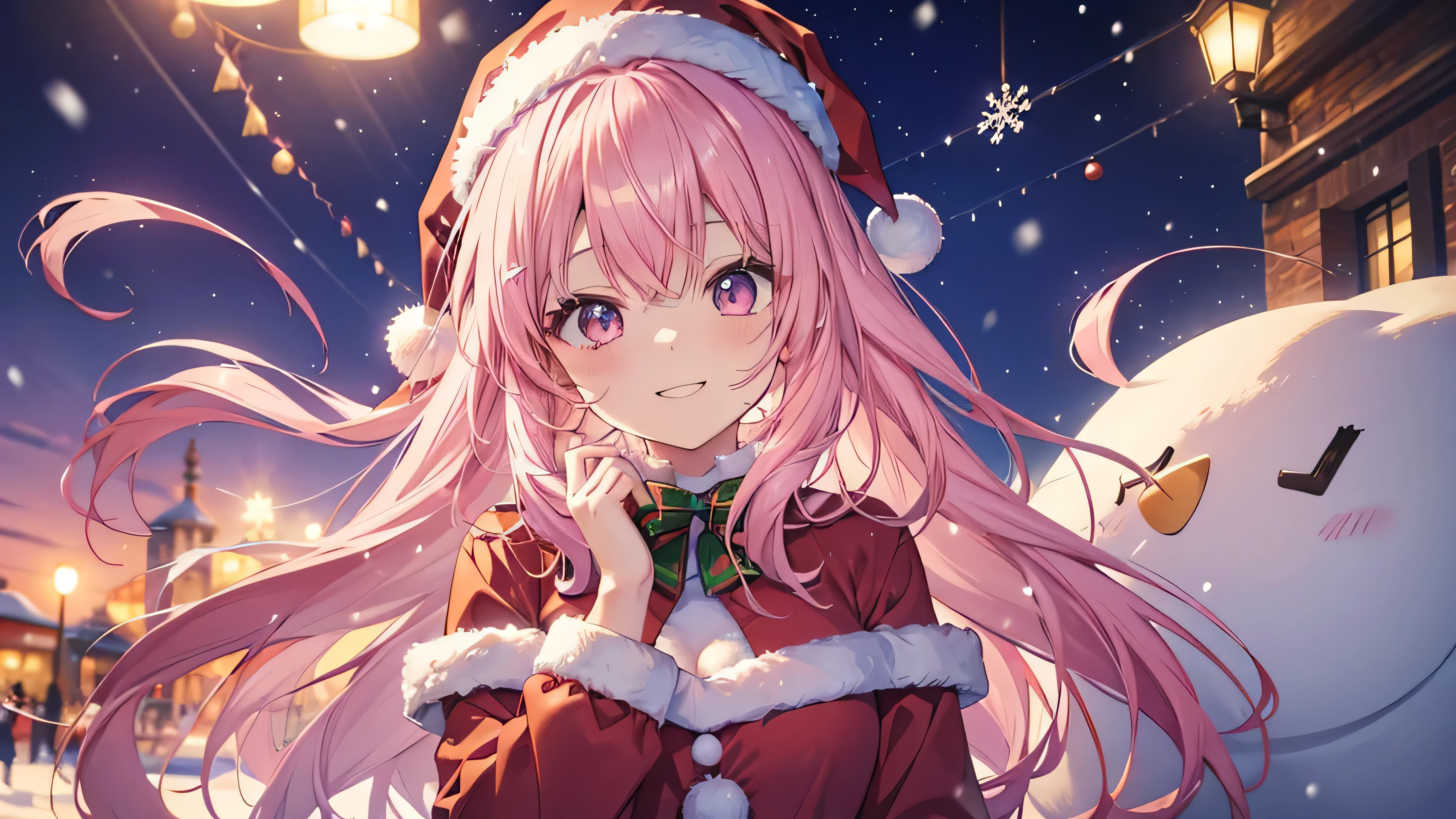 cute anime pink haired girl、 Dynamic 、 long hair、( Best Smile 、 Christmas style ,Santa Costu－M,Snow Scene,)