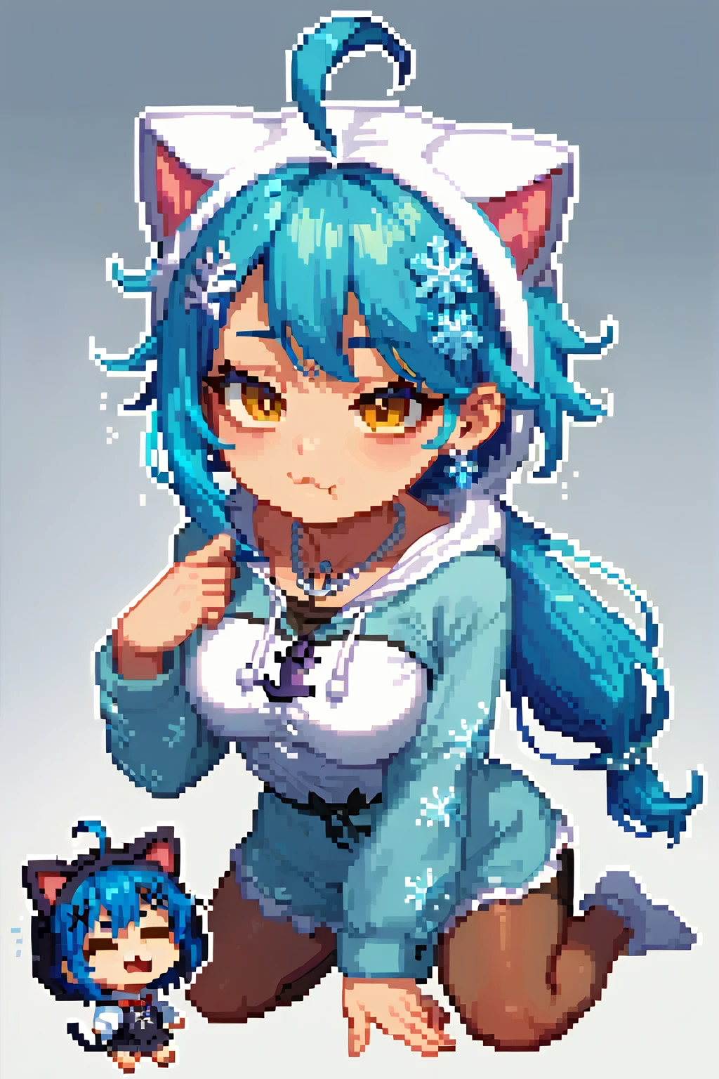   High Quality 、 Thick outline,  High Quality 、 chibi、Thick outline、Pixel art
1 girl  ,    golden eyes ,    two-tone_hair, Silver_hair,Blue Hair、streaked_hair、 shortcuts,     low ponytail in tights、    earrings for women   ,  Ahoge,     asymmetrical bang  ,   x-shaped hair ornament ,  [[Sleepy eyes、  dark circles under eyes  、   black tights、whole body、Time to Sleep 、 The background is white、Front、Skin only、 messy hair 、  Wobble Mouth   、  Fluffy pajamas、Anchor Necklace,  snowflake hair accessory, Cat shaped hood , 