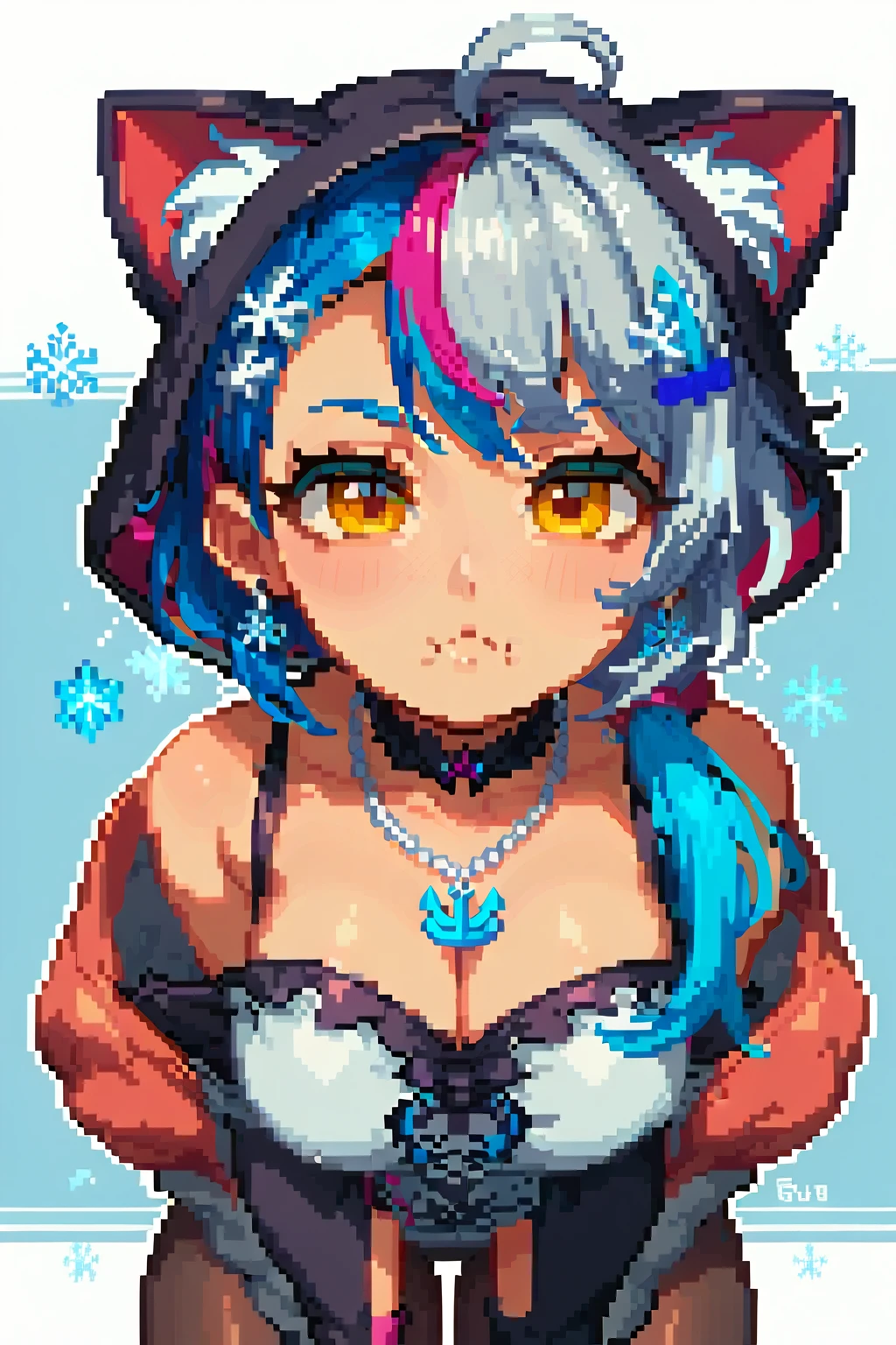   High Quality 、 Thick outline,  High Quality 、 chibi、Thick outline、Pixel art
1 girl  ,    golden eyes ,    two-tone_hair, Silver_hair,Blue Hair、streaked_hair、 shortcuts,     low ponytail in tights、    earrings for women   ,  Ahoge,     asymmetrical bang  ,   x-shaped hair ornament ,  [[Sleepy eyes、  dark circles under eyes  、   black tights、whole body、Time to Sleep 、 The background is white、Front、Skin only、 messy hair 、  Wobble Mouth   、  Fluffy pajamas、Anchor Necklace,  snowflake hair accessory, Cat shaped hood , 