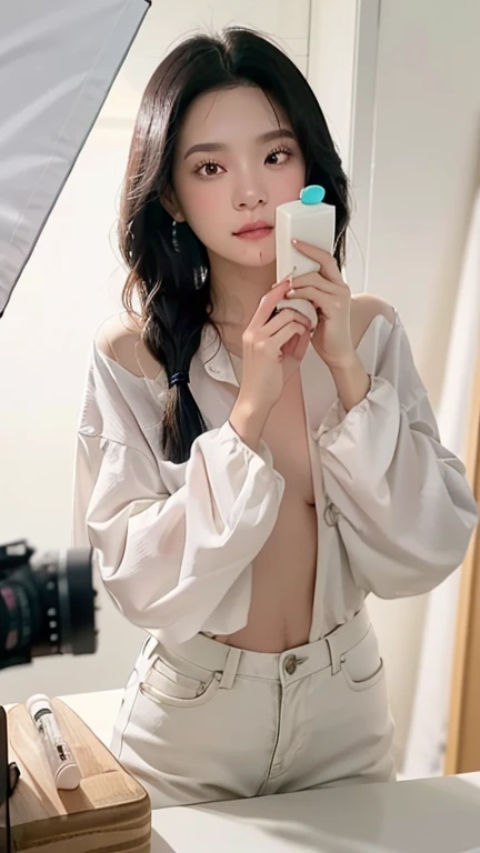 (High resolution, 8K, very detailed, beautiful detail eyes, best quality and masterpiece), detailed face, solo, 1 girl, white wavy hair on chair, heterochromic eyes, small moles under the eyes, short skirt, medium breasts, long legs, tightened abs, (camel toe), (no panties), (no bra), sitting position