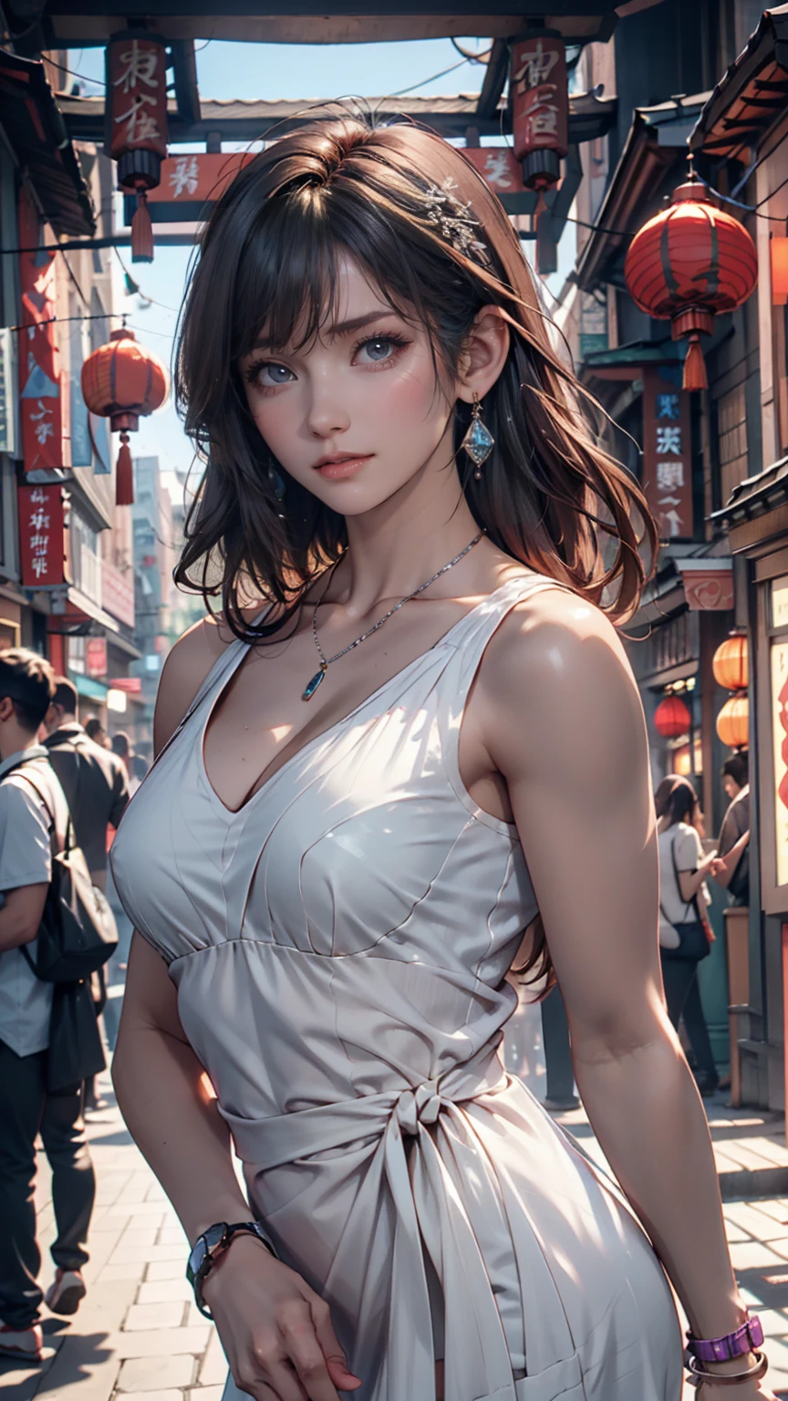 masterpiece, Highest quality, Ultra-high resolution,Photon Mapping,Best Shadow,Portraiture,Beauty Details,Ultra high definition,Long purple hair,Single Blade,Blunt bangs,Medium chest,city,Chinatown,Downtown,See through, Short dress, Low Cut:2, hair ornaments, Earrings, necklace, Portraiture, Silver Dress:2, View your viewers,alone,Professional Light, Detailed skin,