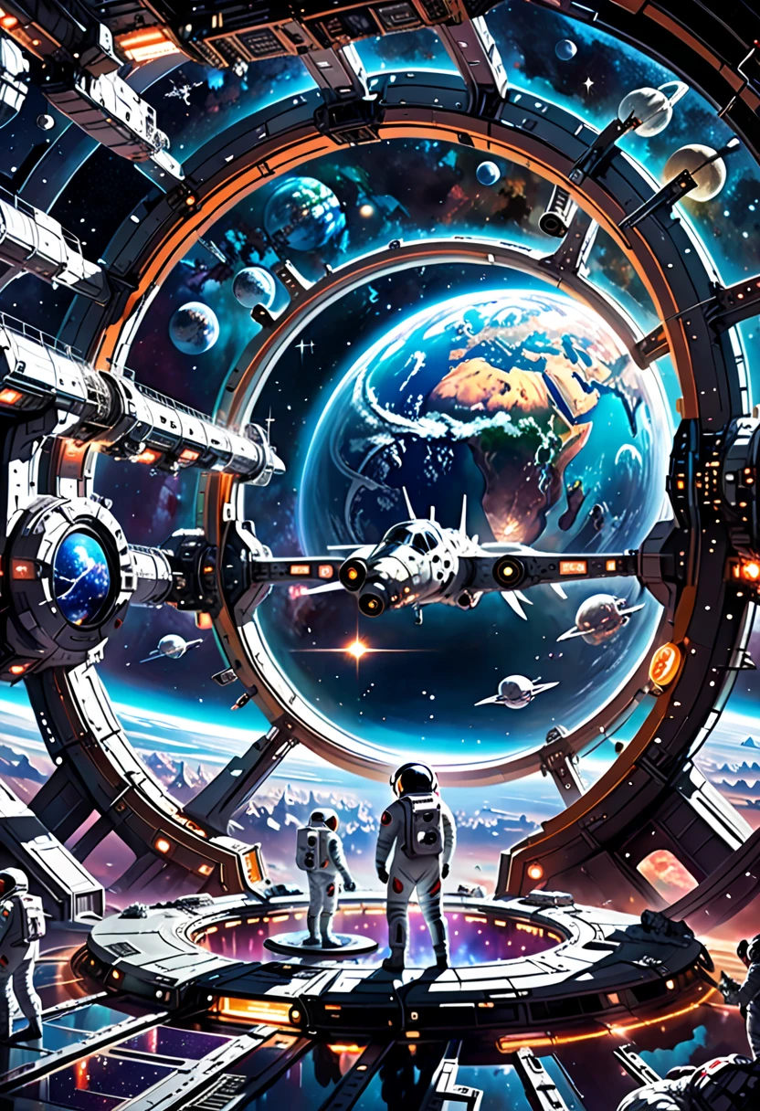 Sci-Fi Art style, illustration, best quality, glowing effect, Glazing, outer space, futuristic space station, massive rotating ring structure, detailed docking bays, panoramic view of Earth, bright stars, distant nebulae, low gravity environment, large observation windows, interior neon lights, astronauts in advanced suits, high-tech control panels, intricate metallic textures, cold and mysterious atmosphere