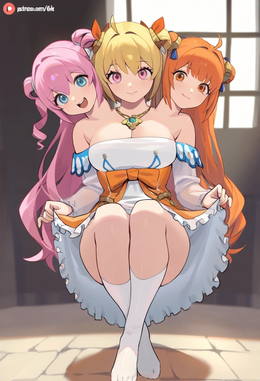 (masterpiece, best quality), best resolution, 16k, medium full shot, (two heads, conjoined:1.5), 3 beautiful young girls the first girl with long lavender hair with bangs with light blue eyes in a gorgeous blue and white dress with detailed sleeves showing shoulder and short socks up to the ankles. The second girl with short sun yellow hair with bangs and a yellow and orange dress with a big gold necklace is the happiest and the third has long hair( Wavy) with strawberry pink hair with dull pink eyes in a bright and light pink dress with white with a bow at the waist long socks ( They are all )They all have the same height, medieval anime era ( the dresses are like the gemshin impact game) In the picture they have to come out whole from head to toe. They are still in the photo dressed in different clothes.