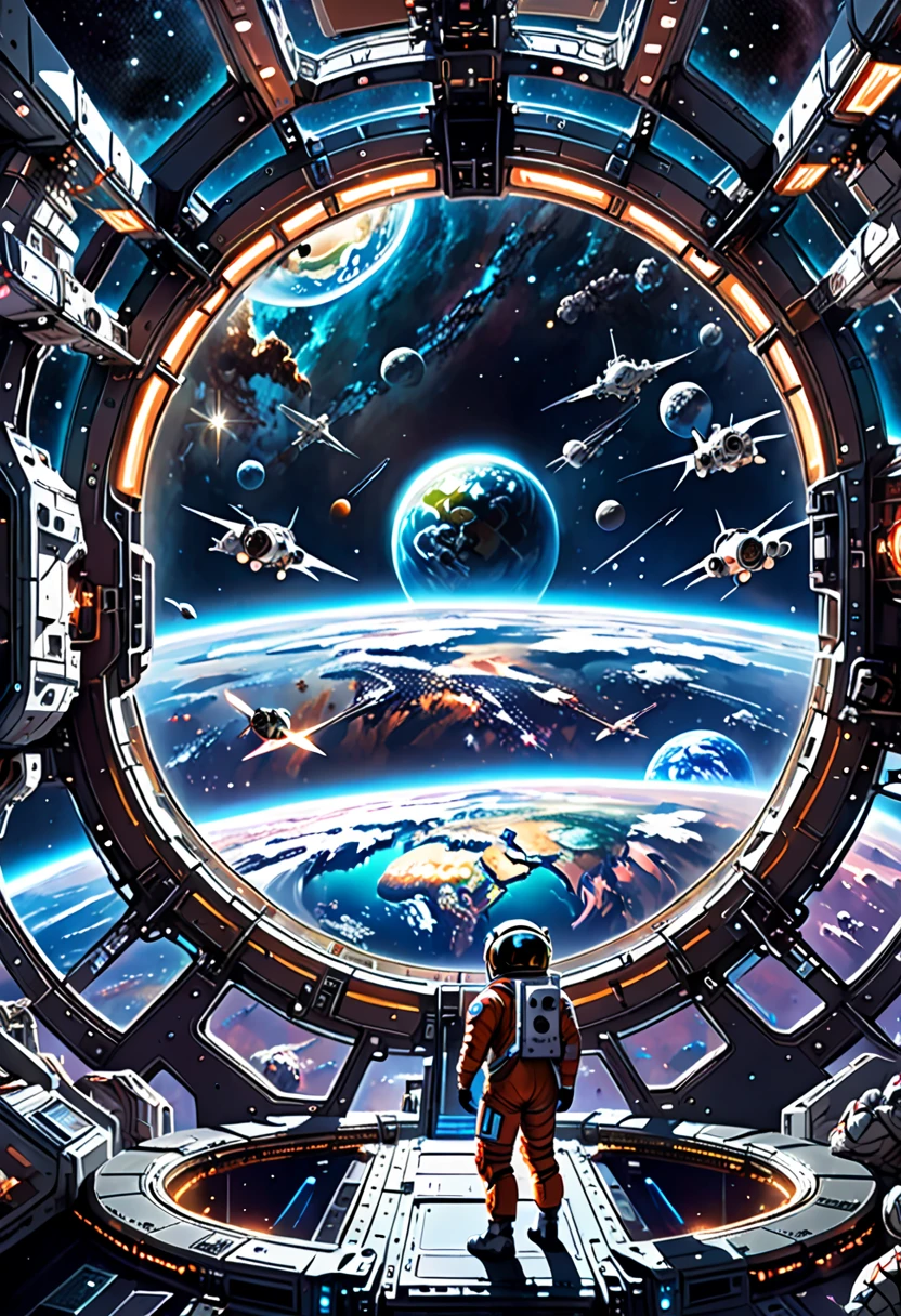 Sci-Fi Art style, illustration, best quality, glowing effect, Glazing, outer space, futuristic space station, massive rotating ring structure, detailed docking bays, panoramic view of Earth, bright stars, distant nebulae, low gravity environment, large observation windows, interior neon lights, astronauts in advanced suits, high-tech control panels, intricate metallic textures, cold and mysterious atmosphere