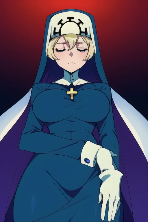 Double, short blonde hair, nun uniform, medium breasts, solo, 1girl, worried look, cowboy shot, closed eyes, 
 blue habit, cross necklace ,white gloves, long sleeves, nun, long skirt
(insanely detailed, beautiful detailed face,beautiful detailed eyes, masterpiece, best quality) from below, standing, massaging groin 