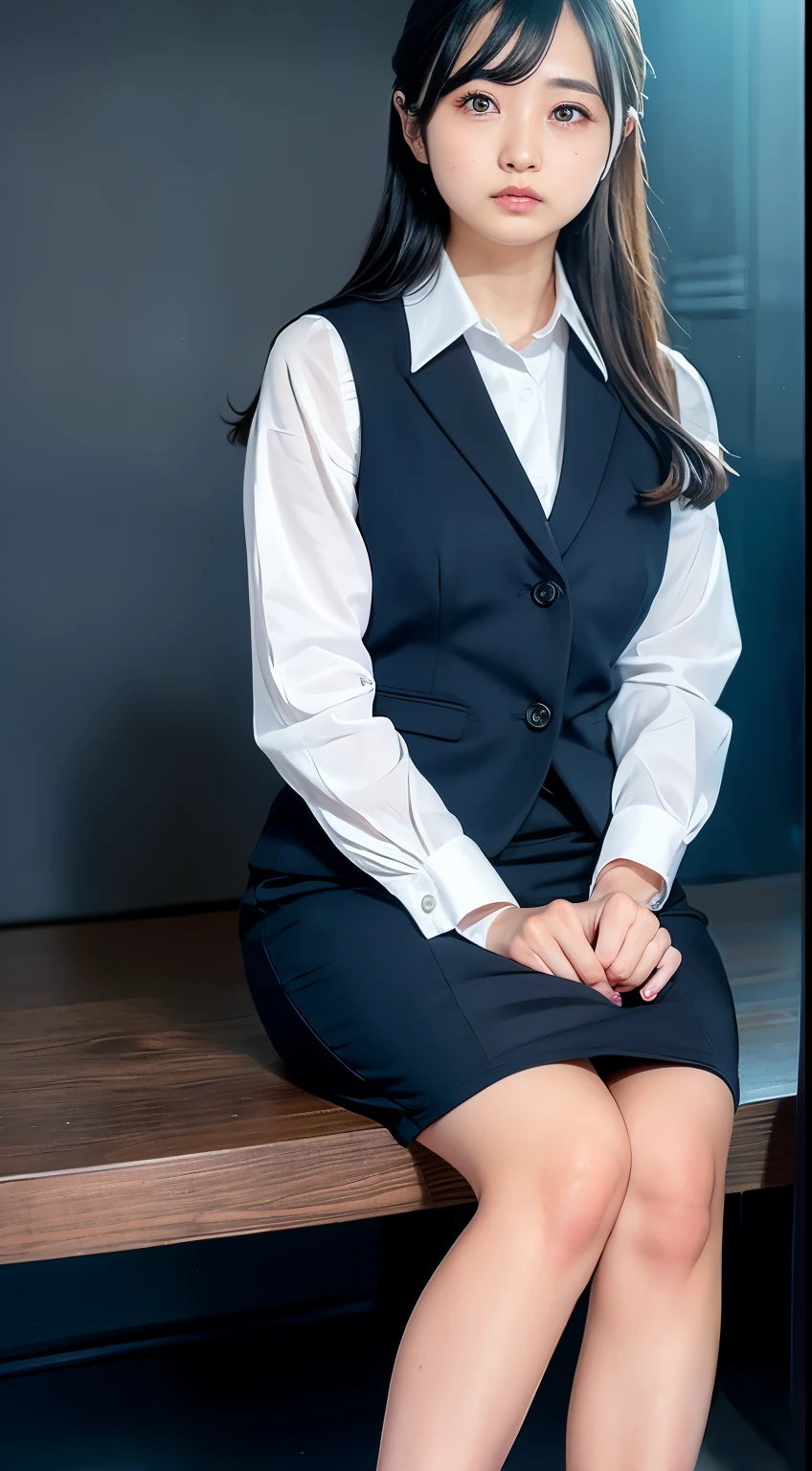Take realistic photos wearing a Japanese office lady uniform, beautiful face、 japanese office uniform 、black vest 、 black pencil skirt、Black high heels、22age , beautiful big eyes、blue shadow、makeup、Thin legs、 RAW photo, ( top quality、 Masterpiece :1.2、, studio soft light, Rim Light, Pale Light, super detailed, realistic skin texture,