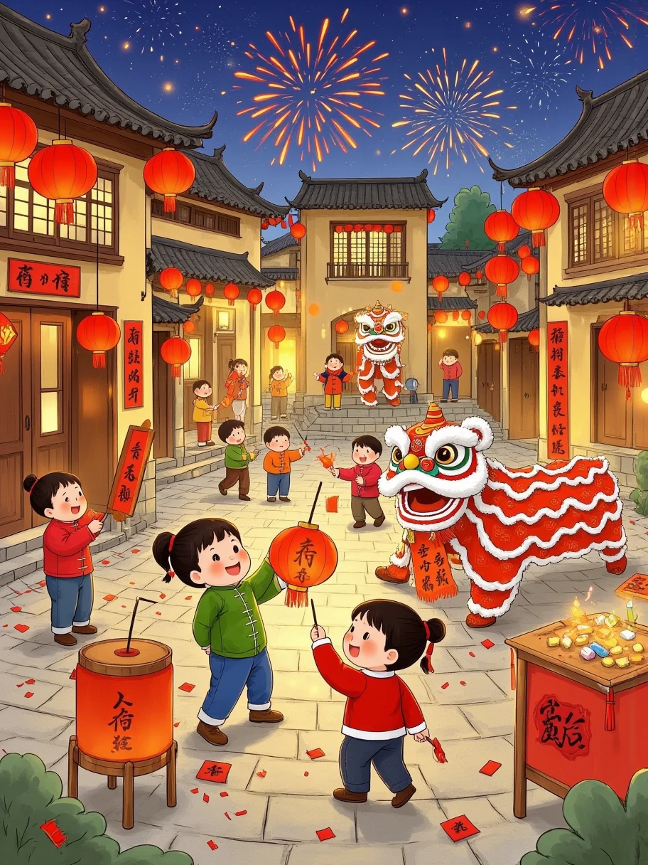  The center of the picture is an old country town square ， 。  The center of the picture is an old country town square ， Some kids hold red lanterns in their hands 。 A group of children wearing colorful and lovely traditional colors Chinese clothing， the children looked up at the sky 。 The light of fireworks shines on their faces ， The lanterns are painted with lovely animal patterns and auspicious traditional greetings 。 to make them smile even brighter ， with patterns such as flowers and lucky characters ，It's as if the stars are twinkling。 Some kids are clutching the ones filled with candy Little bag ， happy smile on the face 。 广场的一侧， The floor is covered with red firecracker confetti 。 Two colorful lions leap cheerfully to the sound of gongs and drums 、Dance， clapped their hands excitedly ， in the corner of the picture 。 and their eyes were full of surprise and admiration ， The decorations on the body are gorgeous and beautiful {x } There is also a sugar seller's stall ， Every detail is full of traditional artistic charm 。 In the sky， A lively lion dance team is performing ，Illuminated the whole town。 the figures of animals such as little monkeys ， They ran around with lanterns 。 will take you into a happy Lunar New Year world ， 。  The square is surrounded by antique rural buildings ， with colorful patterns ， Brand-new couplets on the door ， Wishes for the New Year are written in gold font 。 Beautiful window flowers on the windows ，There are cute little animals、 the lion's eyes were bright 。  on one side of the square ， with a string of red lanterns hanging under the roof 。 x} The stall owner is skillfully making sugar people of various shapes ， clapped their hands excitedly ，Watch curiously。 and had fun in the square ，Cute shape，There are little rabbits、 The lights swayed in the night 。  The whole illustration is filled with the festive atmosphere of the Spring Festival and childlike fun ， showing the unique charm of traditional Chinese festivals 。