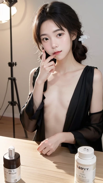 A beauty charming asian vlogger sets up her filming area, carefully arranging trendy skincare products on a sleek table while recording on her Sony A90 700mm lens. Soft, diffused lighting creates an inviting atmosphere, showcasing her creative process. --ar 16:9 --stylize 700 --v 6.1