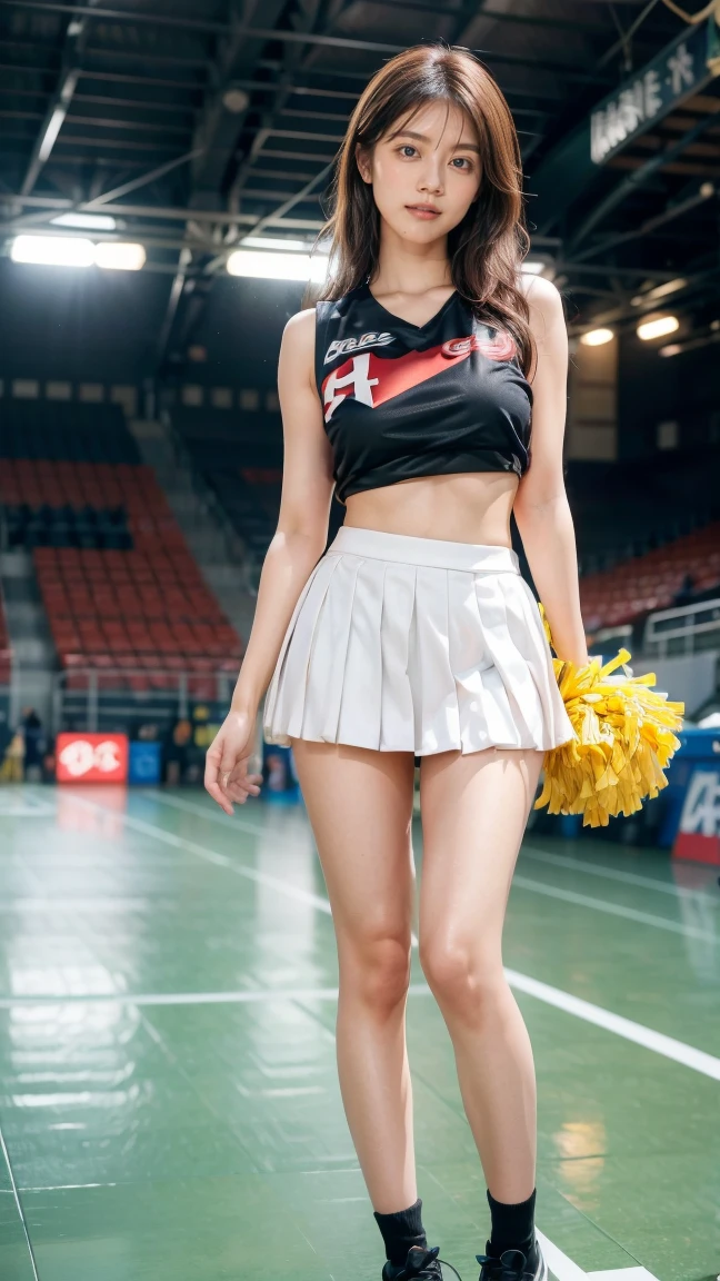 A beautiful young Japanese woman, 20 years old, with perfect anatomy, healthy thighs, beautiful feet, flawless skin, random hair color and style, large bust, (she is standing:1.2), wearing a cheerleader uniform with micro-pleated miniskirt, in a full body shot, standing in a stadium, (best quality,4k,8k, highres, masterpiece:1.3), (extremely detailed:1.2), Kasumi Arimura