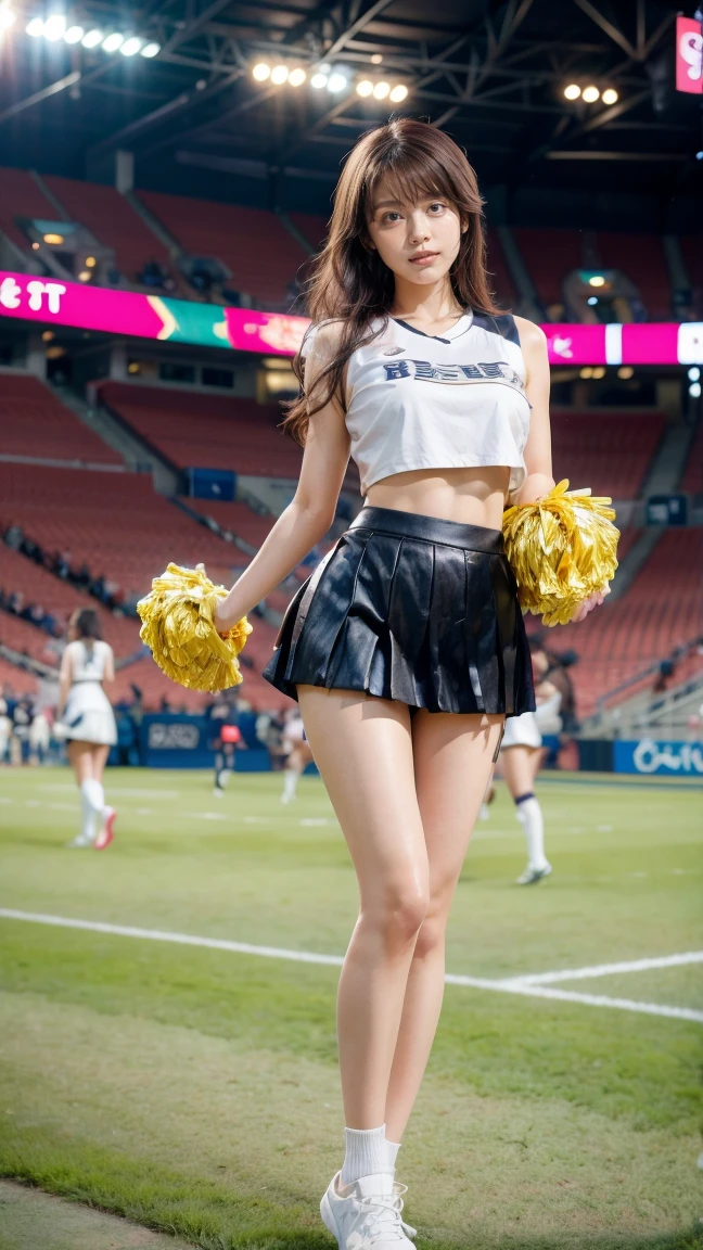 A beautiful young Japanese woman, 20 years old, with perfect anatomy, healthy thighs, beautiful feet, flawless skin, random hair color and style, large bust, (she is standing:1.2), wearing a cheerleader uniform with micro-pleated miniskirt, in a full body shot, standing in a stadium, (best quality,4k,8k, highres, masterpiece:1.3), (extremely detailed:1.2), Kasumi Arimura