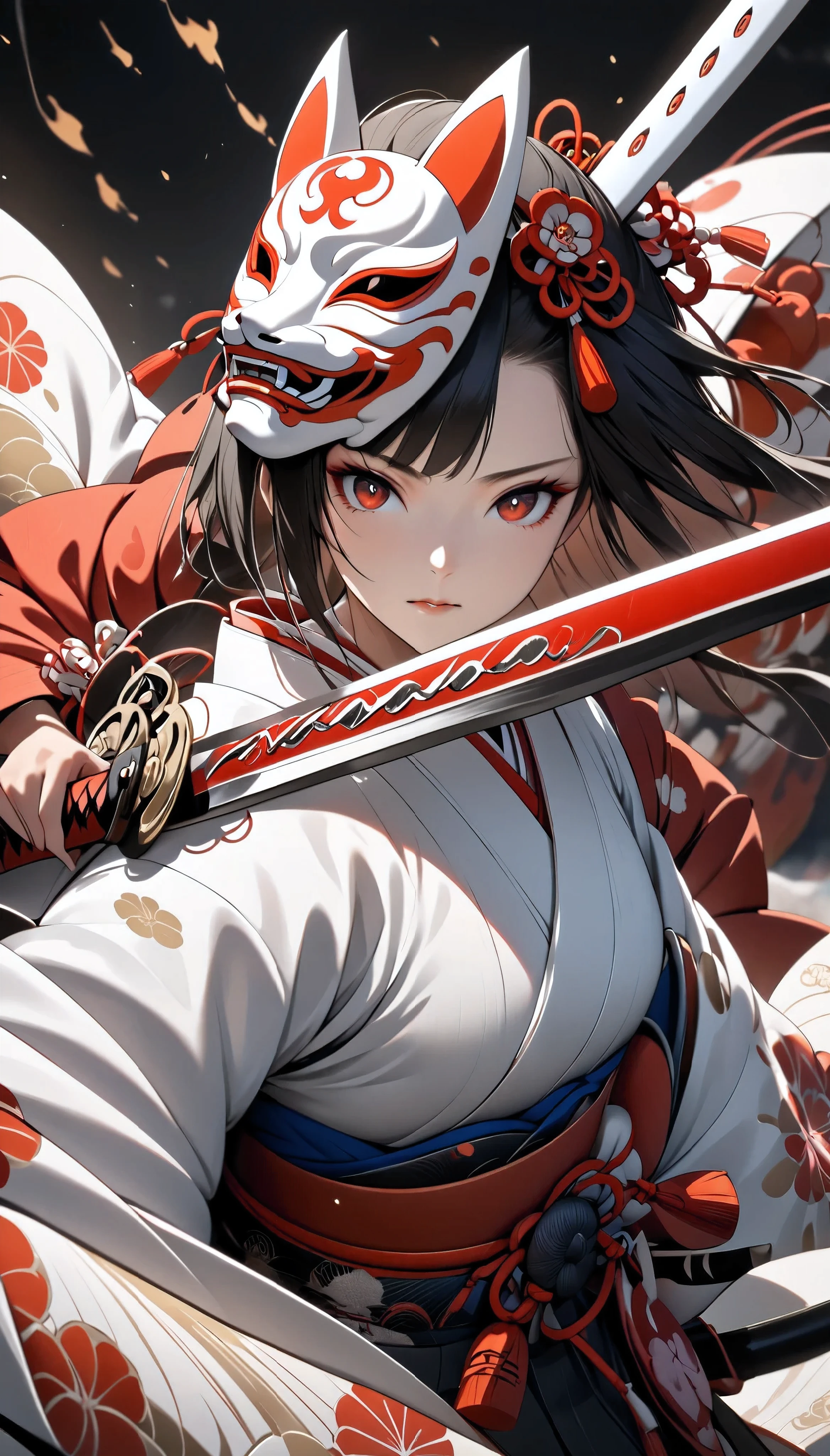 The female samurai is carrying a white fox, solo, Oriental, 26 years old, are wearing Japanese kimonos, Strong and fleeting eyes, I'm holding a samurai sword, Attack posture, Japanese demon mask attached to the side of the head, Bushido Spirit, Impressive sword fighting action, A gentle gaze staring at you, brave and brave, Astonishing Eye, Calm, urgent, dutch angle, rotated, cowboy shot, best quality, masterpiece, highres, high details, high details, super detail, UHD, 16k, retina