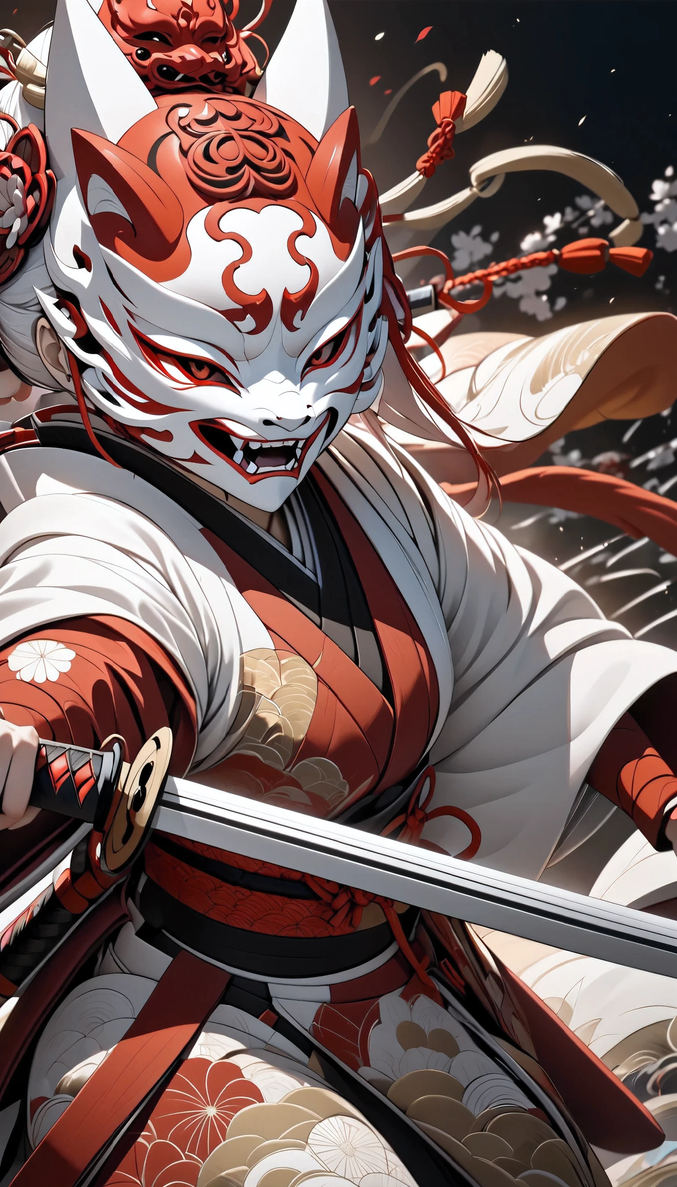 The female samurai is followed by a white fox, solo, Oriental, 26 years old, are wearing Japanese kimonos, Strong and fleeting eyes, I'm holding a samurai sword, Attack posture, multi-color, Japanese demon mask attached to the side of the head, dark red colored, Bushido Spirit, Impressive sword fighting action, A gentle gaze staring at you, brave and brave, Astonishing Eye, Calm, urgent, dutch angle, rotated, cowboy shot, best quality, masterpiece, highres, high details, high details, super detail, UHD, 16k, retina