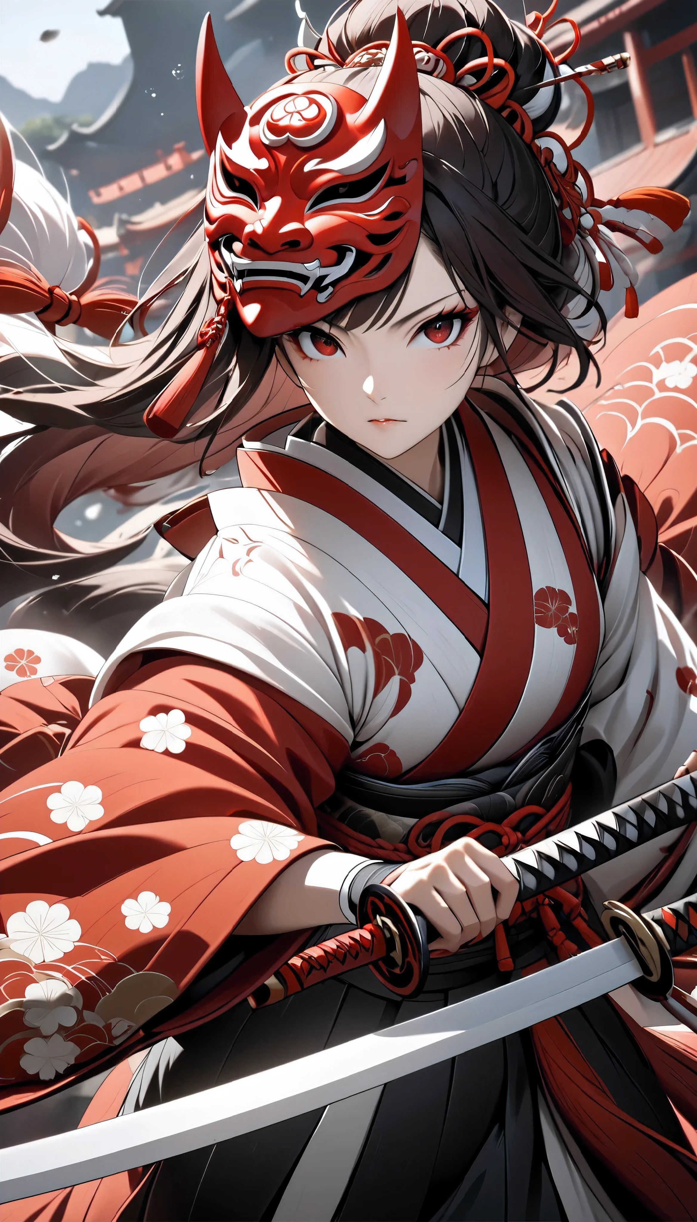 The female samurai is followed by a white fox, solo, Oriental, 26 years old, are wearing Japanese kimonos, Strong and fleeting eyes, I'm holding a samurai sword, Attack posture, multi-color, \(Japanese demon mask attached to the side of the head, dark red colored\), Bushido Spirit, Impressive sword fighting action, A gentle gaze staring at you, brave and brave, Astonishing Eye, Calm, urgent, dutch angle, rotated, cowboy shot, best quality, masterpiece, highres, high details, high details, super detail, UHD, 16k, retina