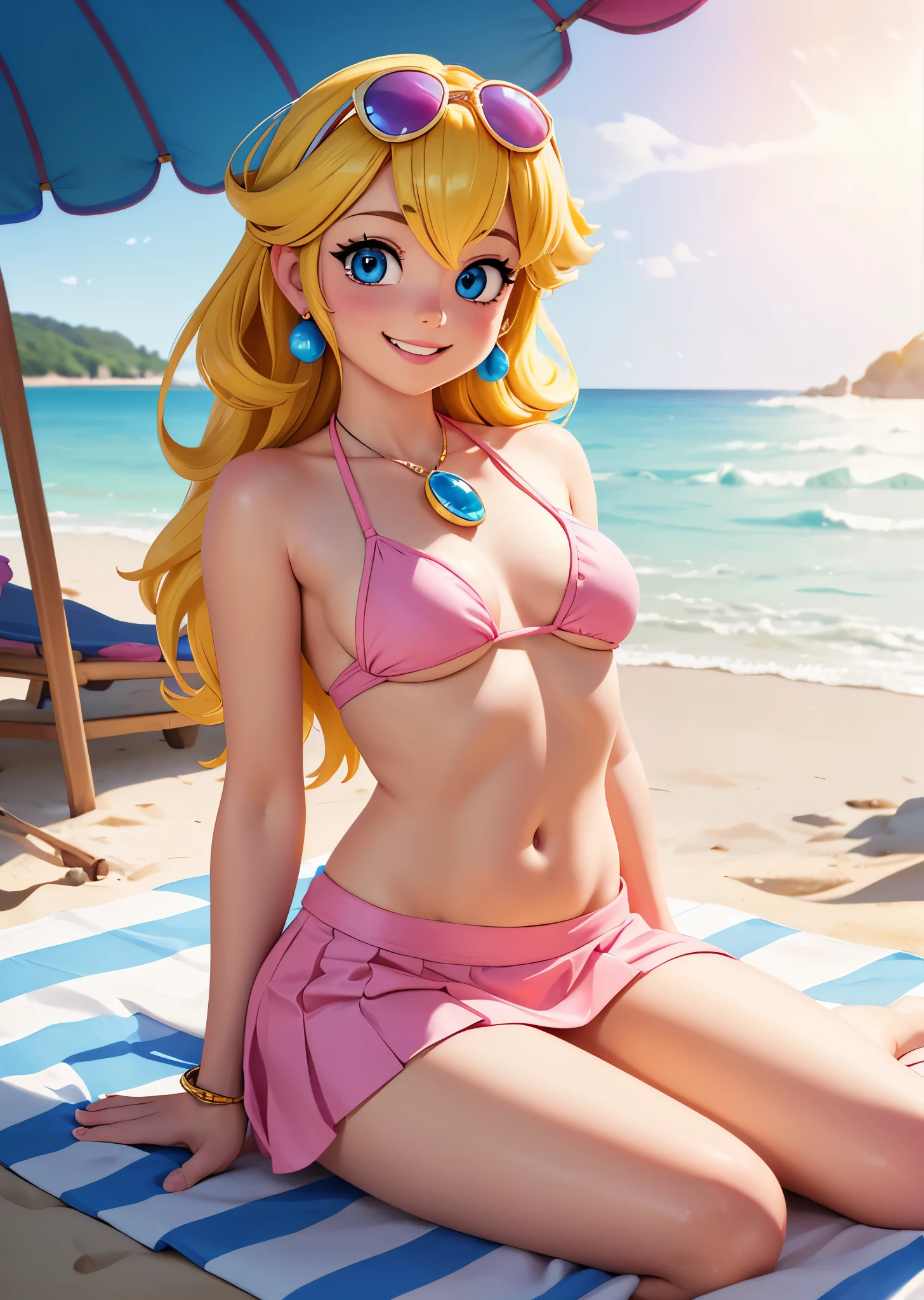 [Princess peach], ((masterpiece)), ((HD)), ((high res)), ((solo portrait)), ((front view)), ((cartoon aesthetic)), ((detailed soft shading)), ((beautiful rendering)), ((intricate details)), {(slim figure), (long yellow hair), (cute blue eyes), (small breasts), (toned body), (curvy hips), (beautiful legs), (defined feet), (cute excited grin)}, {(pink bikini), (navel), (pink beach skirt), (blue pendant earrings)}, {(sitting on beach towel), (looking at viewer)}, [ambient lighting, beach, sun rays]