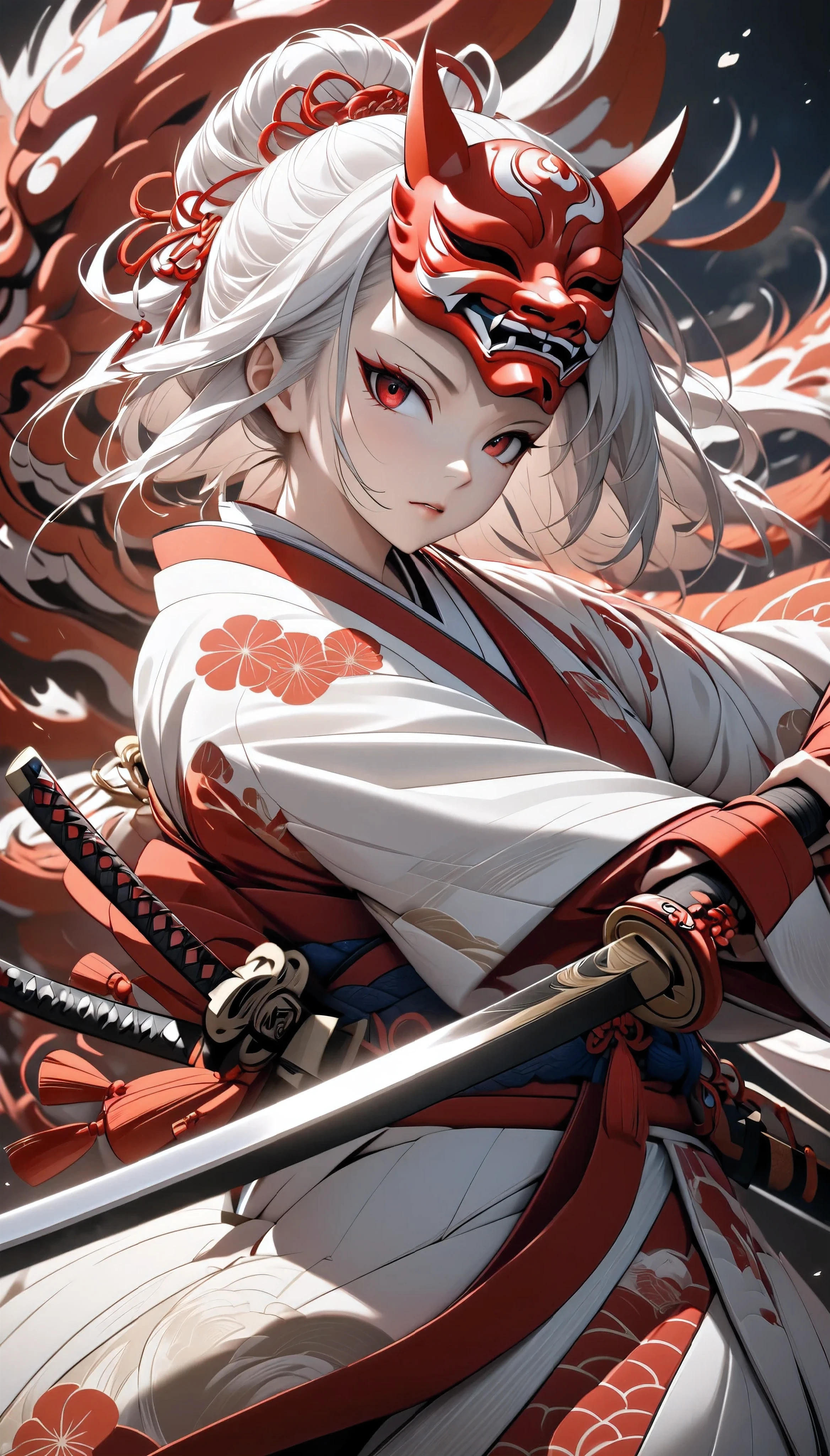 The female samurai is carrying a white fox, solo, Oriental, 26 years old, are wearing Japanese kimonos, Strong and fleeting eyes, I'm holding a samurai sword, Attack posture, multi-color, Japanese demon mask attached to the side of the head, dark red, Bushido Spirit, Impressive sword fighting action, A gentle gaze staring at you, brave and brave, Astonishing Eye, Calm, urgent, dutch angle, rotated, cowboy shot, best quality, masterpiece, highres, high details, high details, super detail, UHD, 16k, retina