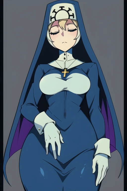 Double, short blonde hair, nun uniform, medium breasts, solo, 1girl, worried look, cowboy shot, closed eyes, 
 blue habit, cross necklace ,white gloves, long sleeves, nun, long skirt
(insanely detailed, beautiful detailed face,beautiful detailed eyes, masterpiece, best quality) from below, standing, massaging groin 