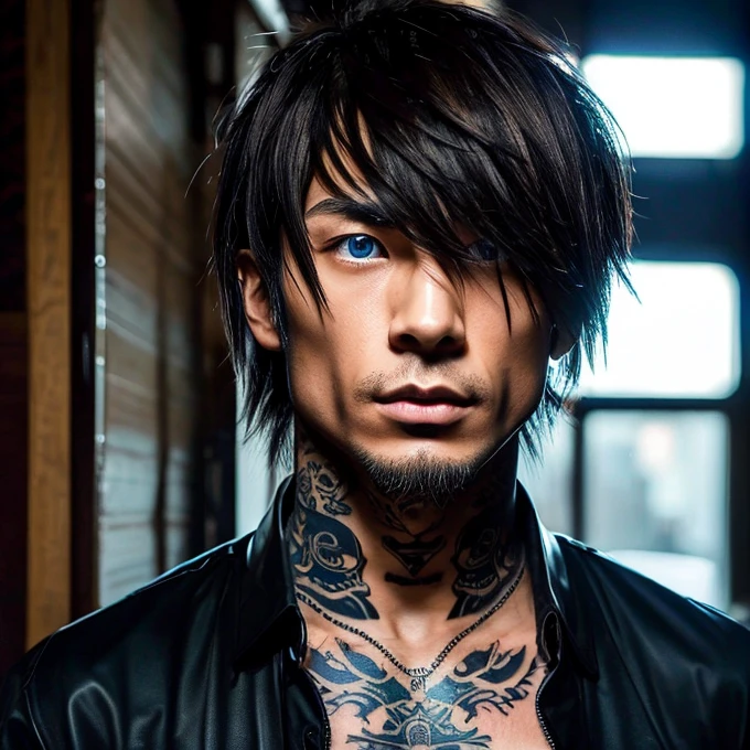 1 man, Japanese man, male, Asian eyes, blue eyes, muscular, broad shoulders, yakuza tattoos, hairstyle Visual Kei style, hair Visual Kei, black men's shirt and black pants, ultra detailed face and eyes , hyperrealistic, realistic representation, long hair, long hair, 30 years old, age 30 years, blond, blonde hair