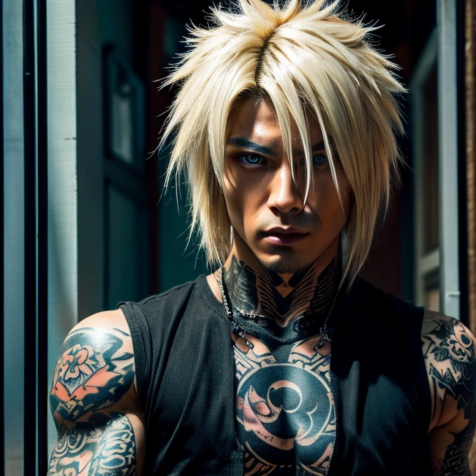 1 man, Japanese man, male, Asian eyes, blue eyes, muscular, broad shoulders, yakuza tattoos, hairstyle Visual Kei style, hair Visual Kei, black men's shirt and black pants, ultra detailed face and eyes , hyperrealistic, realistic representation, long hair, long hair, 30 years old, age 30 years, blond, blonde hair