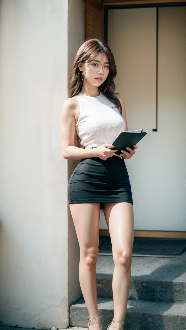 a beautiful detailed Japanese woman, 24 years old, with healthy thighs, beautiful legs, beautiful skin, random hair color and hairstyle, large breasts, female secretary, wearing a miniskirt, (she is standing:1.2), full body shot, high heels, holding a notebook in one hand, (best quality,8k, masterpiece:1.3), (extremely detailed:1.2), perfect anatomy, Kasumi Arimura