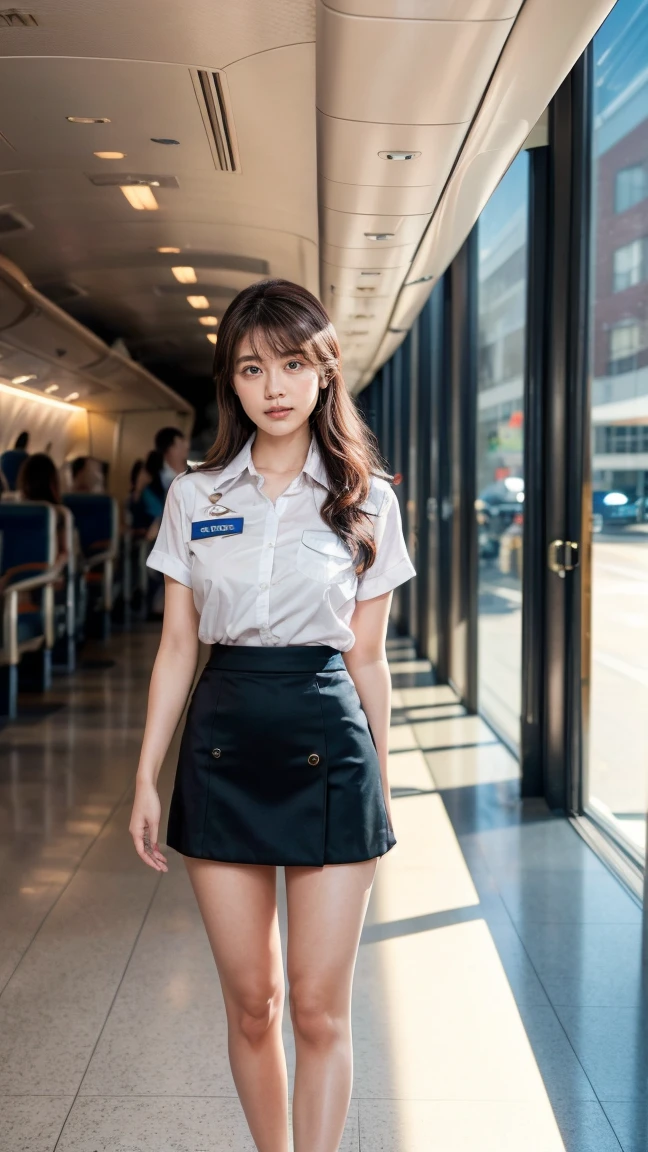 A beautiful, 24-year-old Japanese woman with perfect anatomy, healthy thighs, beautiful legs, beautiful skin, random hair color and style, large breasts, (wearing a flight attendant uniform with a mini-skirt:1.3), (she is standing:1.2), full body shot, pumps, carrying a suitcase, at the airport, (best quality,4k,8k,highres,masterpiece:1.3),(extremely detailed:1.2),realistic,photorealistic,photo-realistic:1.37,professional,vivid colors, studio lighting, Kasumi Arimura