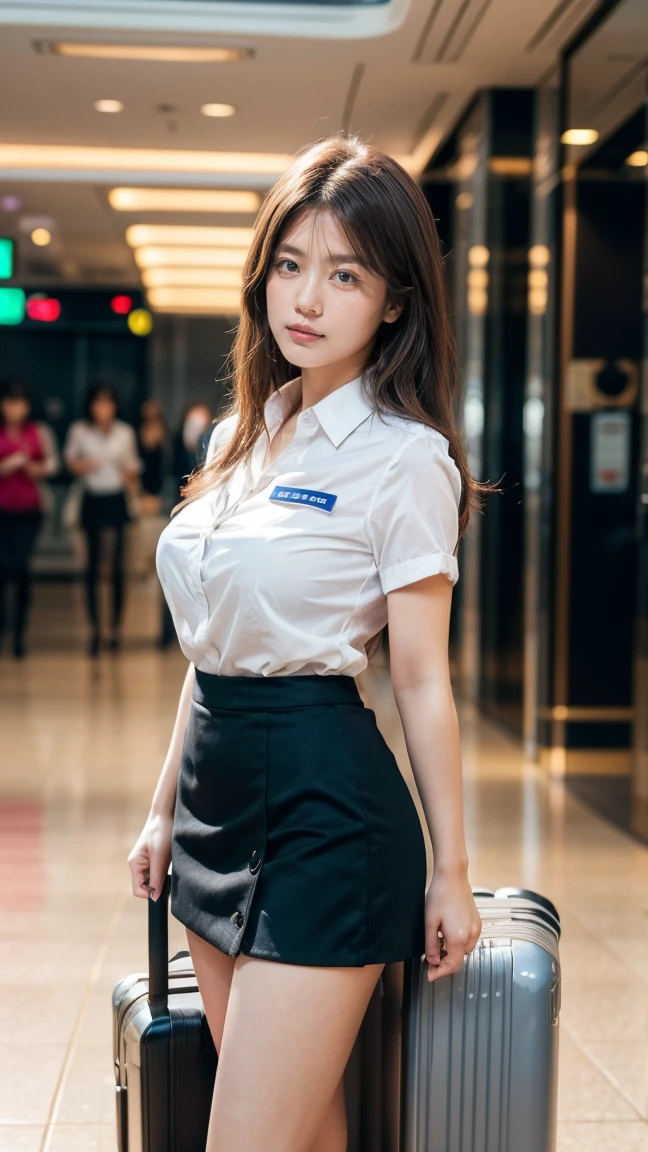 A beautiful, 24-year-old Japanese woman with perfect anatomy, healthy thighs, beautiful legs, beautiful skin, random hair color and style, large breasts, (wearing a flight attendant uniform with a mini-skirt:1.3), (she is standing:1.2), full body shot, pumps, carrying a suitcase, at the airport, (best quality,4k,8k,highres,masterpiece:1.3),(extremely detailed:1.2),realistic,photorealistic,photo-realistic:1.37,professional,vivid colors, studio lighting, Kasumi Arimura