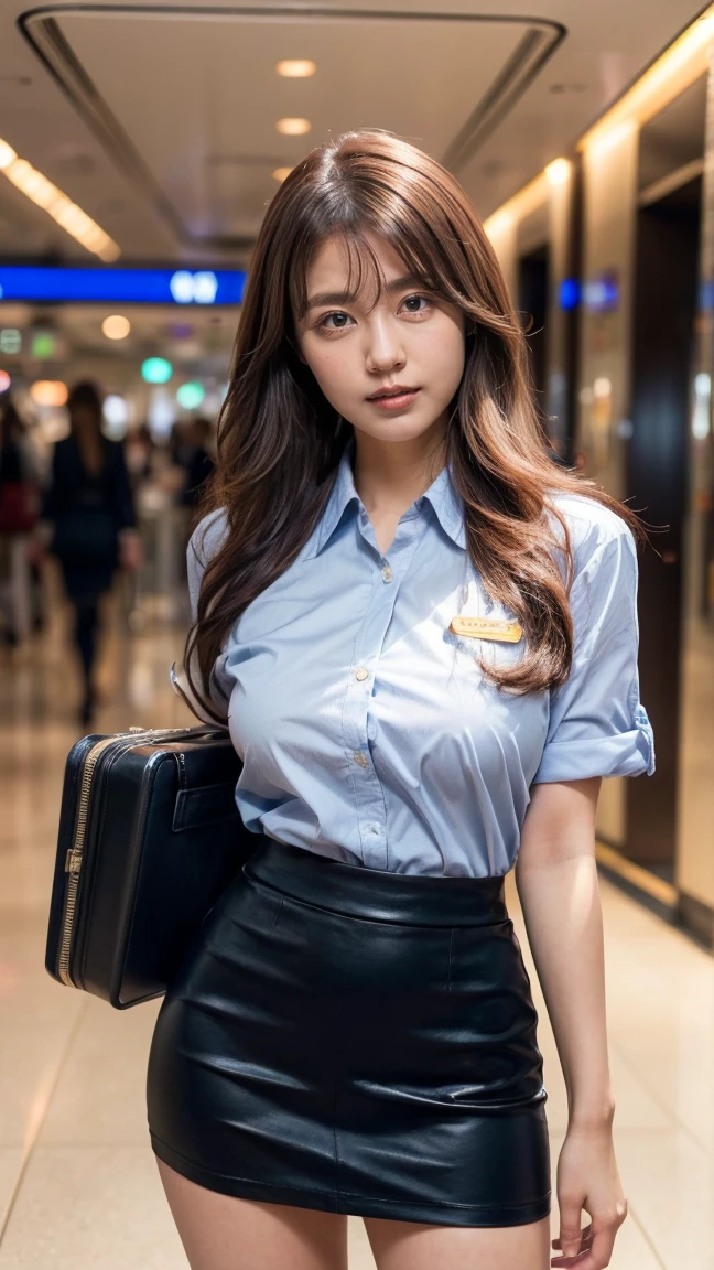 A beautiful, 24-year-old Japanese woman with perfect anatomy, healthy thighs, beautiful legs, beautiful skin, random hair color and style, large breasts, (wearing a flight attendant uniform with a mini-skirt:1.3), (she is standing:1.2), full body shot, pumps, carrying a suitcase, at the airport, (best quality,4k,8k,highres,masterpiece:1.3),(extremely detailed:1.2),realistic,photorealistic,photo-realistic:1.37,professional,vivid colors, studio lighting, Kasumi Arimura