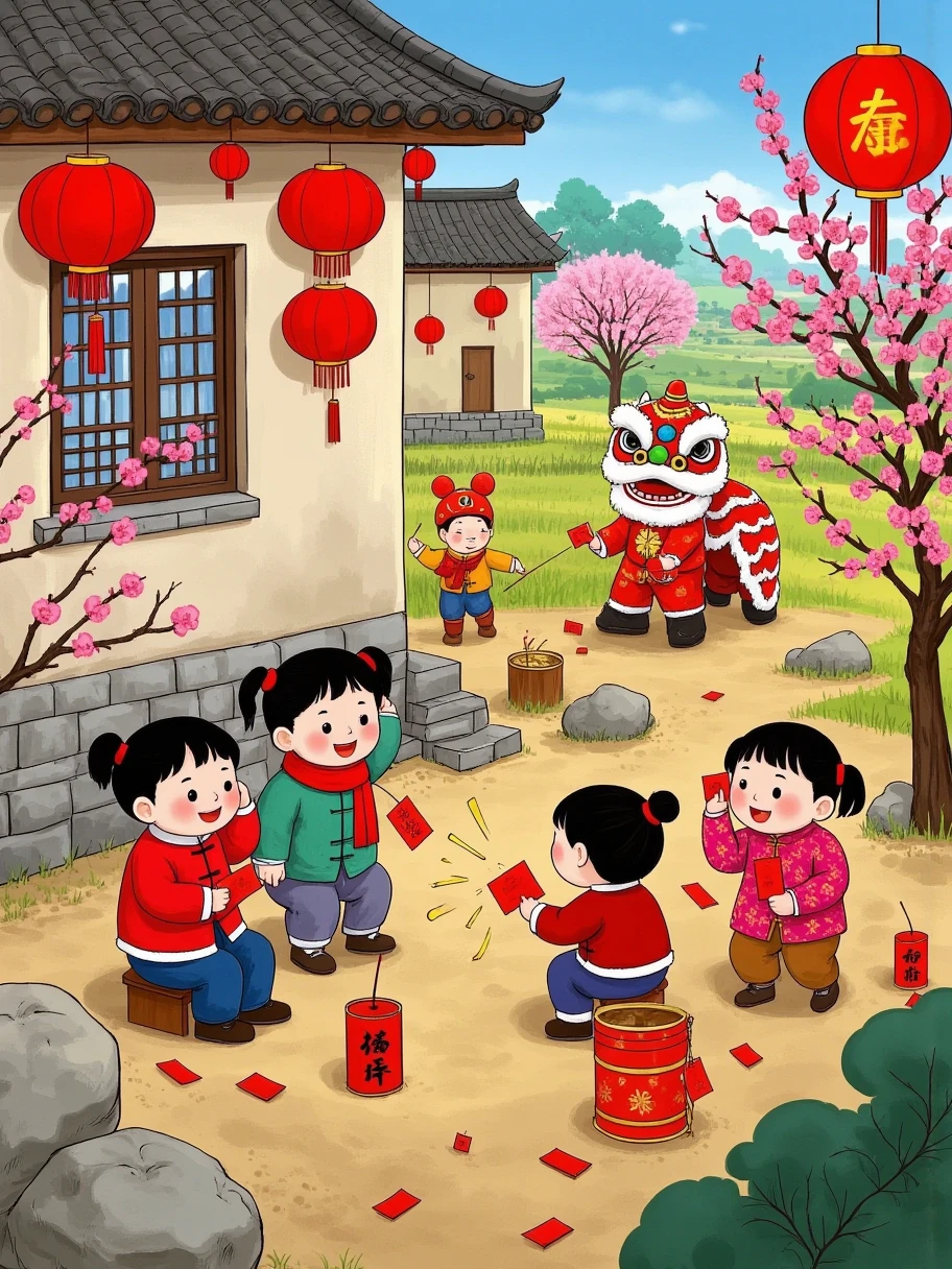 In a vector style illustration, ， depicts a small courtyard in the countryside 。In the yard， The children were happily setting off firecrackers。 They covered their ears， But their eyes were fixed on the firecrackers that were about to be lit，Full of excitement。 in a corner of the yard， A plum tree bloomed with pink flowers， Adding a touch of bright color to the New Year。 Red lanterns hung under the eaves， Beautiful window flowers on the windows 。 A group of children wearing traditional costumes， Sitting together， Sharing the joy of the red envelopes。Not far away， The lion dance team walked through the field path，Walking towards the village。 The whole picture is full of serenity and joy ， reflects the peace and bustle of the Chinese New Year ， perfectly blends traditional and modern vector styles， shows the unique charm of the Chinese Lunar New Year 。