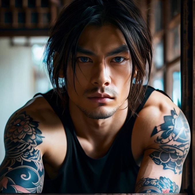 1 man, Japanese man, male, Asian eyes, blue eyes, muscular, broad shoulders, yakuza tattoos, hairstyle Visual Kei style, hair Visual Kei, black men's shirt and black pants, ultra detailed face and eyes , hyperrealistic, realistic representation, long hair, long hair, 30 years old, age 30 years, blond, blonde hair