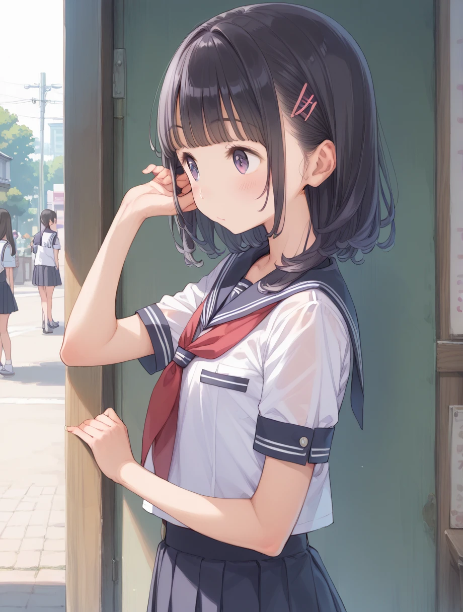  Max Image、 pretty eyes、Detailed eyes、 cute face、 baby face、 、 elementary school students、 sailor suit 、 black hair、 girl、whole body、 flat chest、 girl座り、 back view、My skirt flips up and I can see my underwear