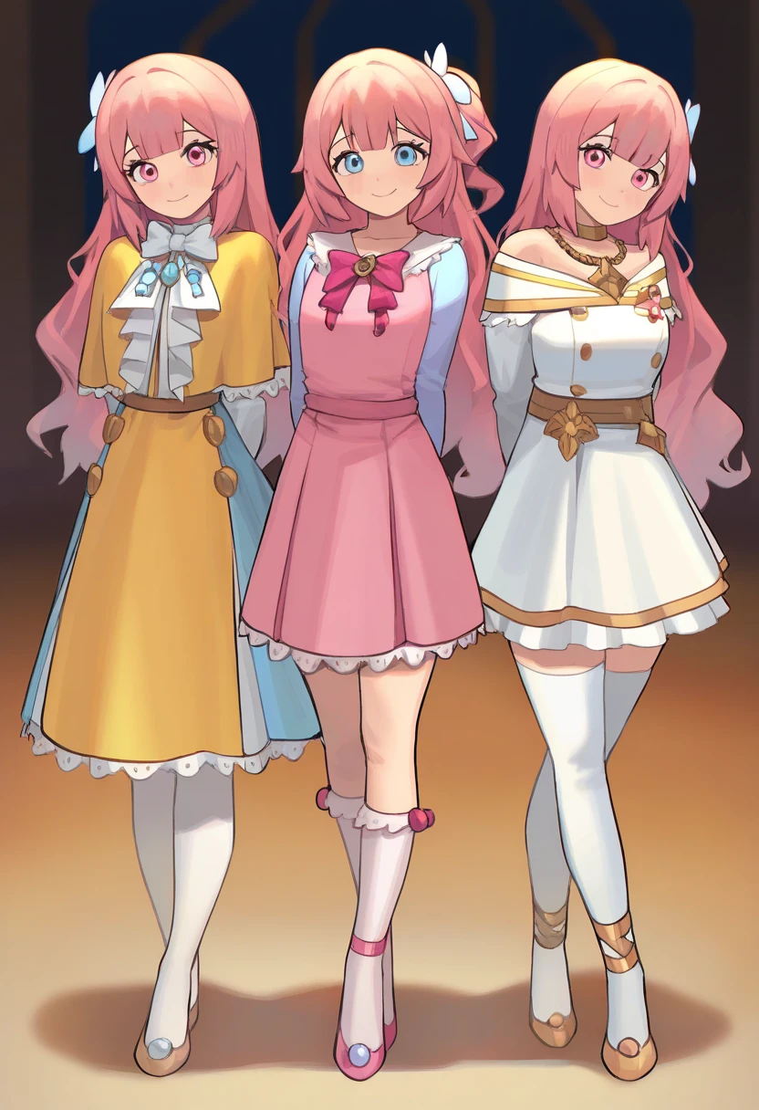 (masterpiece, best quality), best resolution, 16k, medium full shot, (two heads, conjoined:1.5, standing), 3 beautiful young girls the first girl with long lavender hair with bangs with light blue eyes in a gorgeous blue and white dress with detailed sleeves showing shoulder and short socks up to the ankles. The second girl with short sun yellow hair with bangs and a yellow and orange dress with a big gold necklace is the happiest and the third has long hair( Wavy) with strawberry pink hair with dull pink eyes in a bright and light pink dress with white with a bow at the waist long socks ( They are all )They all have the same height, medieval anime era ( the dresses are like the gemshin impact game) In the picture they have to come out whole from head to toe. They are still in the photo dressed in different clothes.