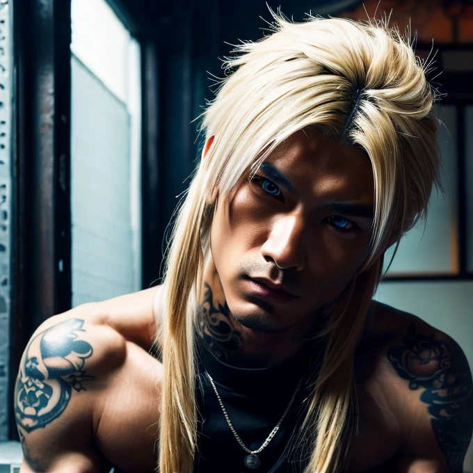 1 man, Japanese man, male, Asian eyes, blue eyes, muscular, broad shoulders, yakuza tattoos, hairstyle Visual Kei style, hair Visual Kei, black men's shirt and black pants, ultra detailed face and eyes , hyperrealistic, realistic representation, long hair, long hair, 30 years old, age 30 years, blond, blonde hair