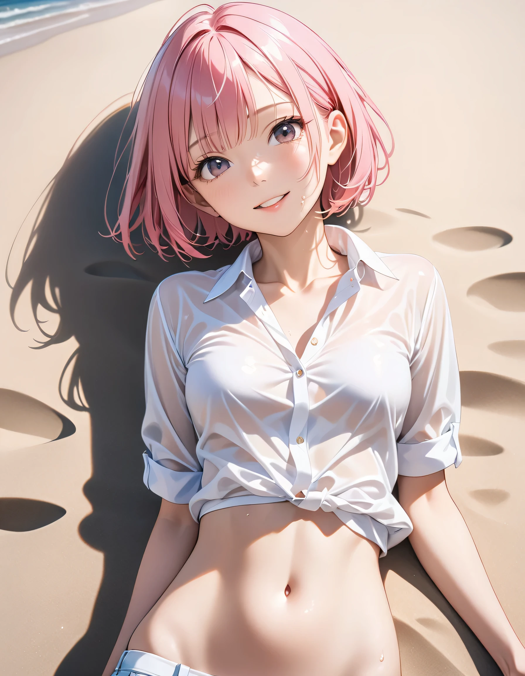 ((Bikini、See-through white shirt、 hot pants)), Shiny Costume, (( skinning )), skinny, alone, alone, Masterpiece , top quality, 16k, high definition, 2.5D, AI-generated, Delicate and Dynamic , Very delicate facial expression, delicate eye depiction, erotic , only sexy woman, ((A cute and kind face)), Healthy body shape, ((1 female)), Height: 160cm, (( medium firm swaying bust )), medium chest , ( short haired ), straight hair, ( pink hair:1.5), bob cut , dark eyes, , sweat, sexy, (( sunburned skin)), shiny, (smile), (( lying on the beach )), (( looking up at the sky)), ((Bikiniの紐を直している)), ( camel toe :0.5), (Visible nipples:0.5), (Beach sand),