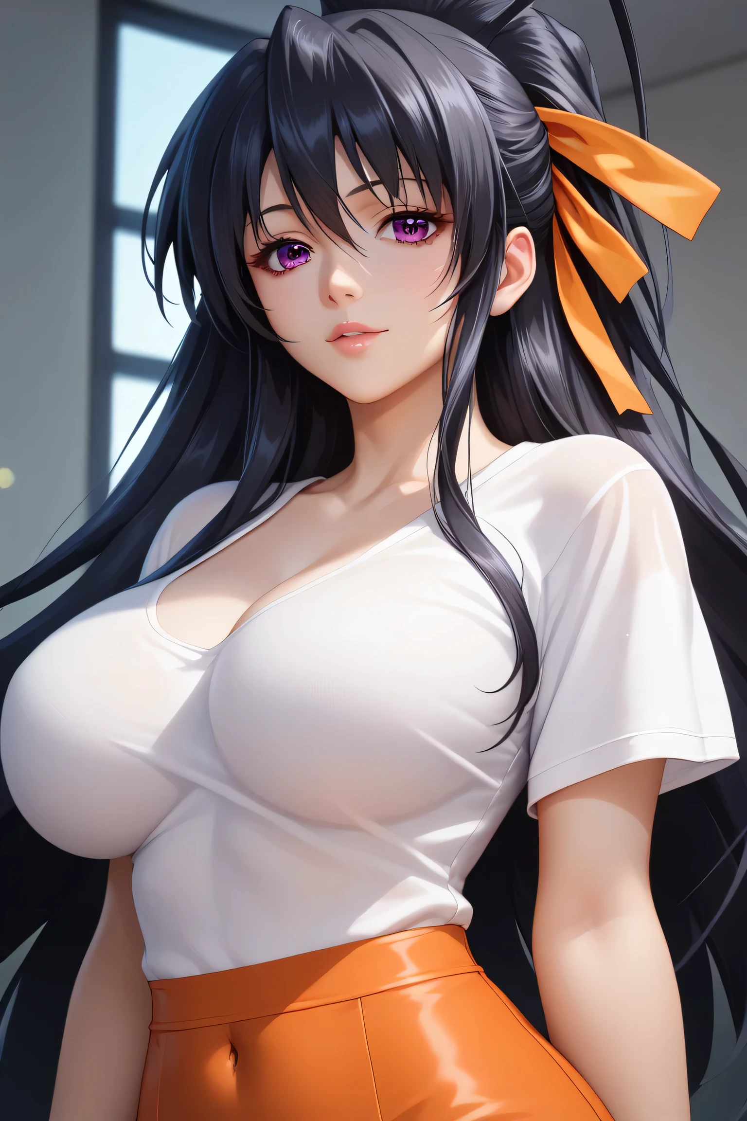 ( masterpiece ,  better quality ), 1 girl,2d, beautiful face,( long black hair ),( black hair)( black hair largo),( purple eyes),pesones with cold , HIGH QUALITY,ultra detailed ,himejima_akeno, collect,  long hair, orange ribbon in the hair, big breasts , white t-shirt with lace open from the chest to the navel..