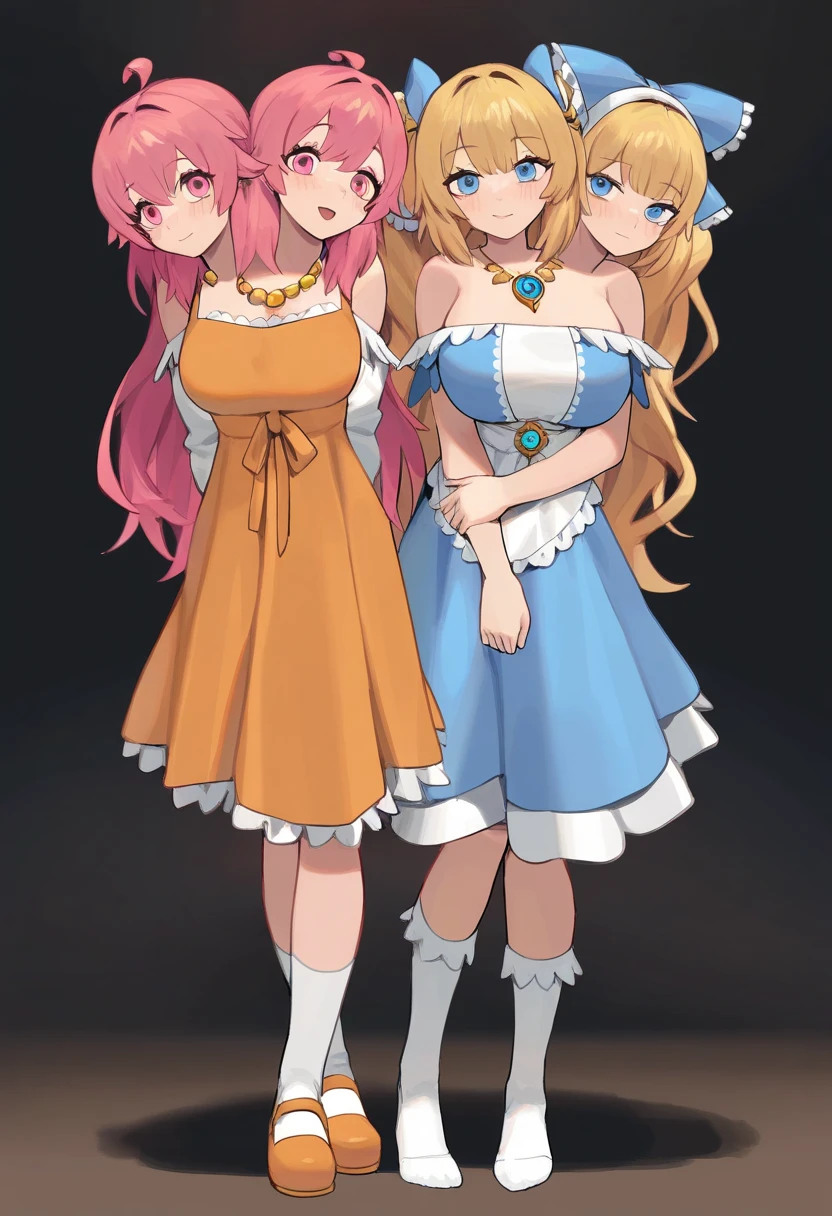 (masterpiece, best quality), best resolution, 16k, medium full shot, (two heads, conjoined:1.5), standing, 3 beautiful young girls the first girl with long lavender hair with bangs with light blue eyes in a gorgeous blue and white dress with detailed sleeves showing shoulder and short socks up to the ankles. The second girl with short sun yellow hair with bangs and a yellow and orange dress with a big gold necklace is the happiest and the third has long hair( Wavy) with strawberry pink hair with dull pink eyes in a bright and light pink dress with white with a bow at the waist long socks ( They are all )They all have the same height, medieval anime era ( the dresses are like the gemshin impact game) In the picture they have to come out whole from head to toe. They are still in the photo dressed in different clothes.