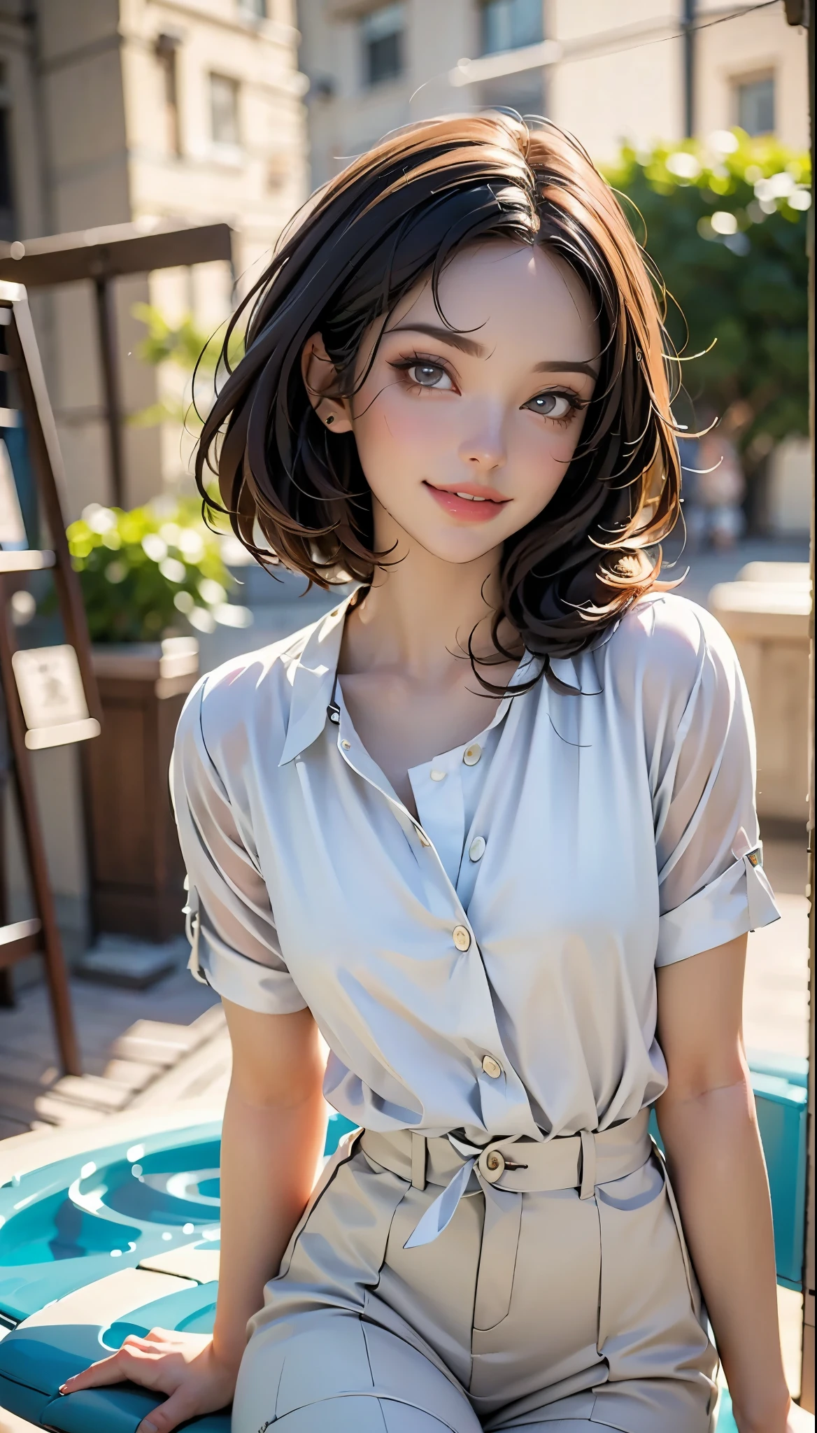 masterpiece , top quality , very detailed , 1 person, ((contrasting eyes)) , standing , blouse, skirt , bangs , room , indoor