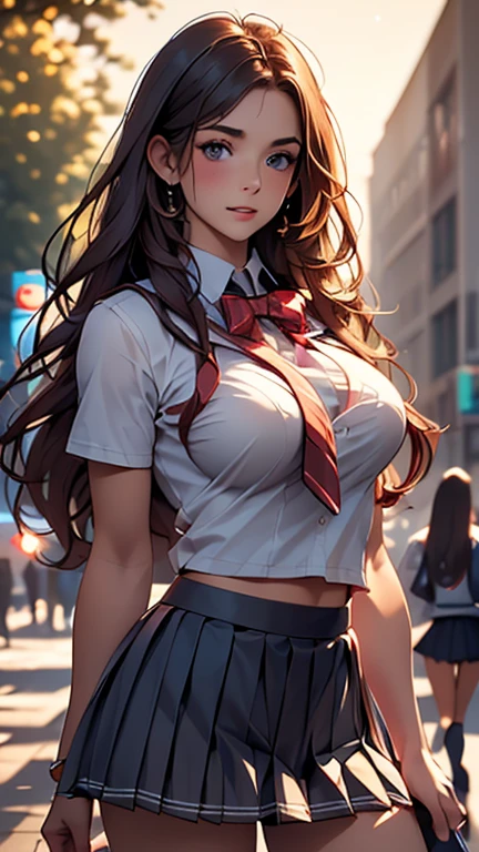 (2girls), Brown hair, Amazing face and eyes, Pink eyes, (hi-school uniform with wide open breasts:1.2), beautiful big breasts, bare breasts, (amazingly beautiful girl), Brown hair, (High School Uniform, Pleated mini-skirt:1.5), ((Best Quality)), (Ultra-detailed), (extremely detailed CG unified 8k wallpaper), Highly detailed, High-definition raw color photos, Professional Photography, (((Bokeh))), depth of fields,
