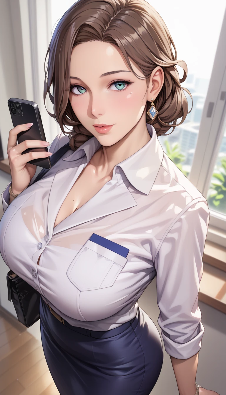 (masterpiece, best_quality:1.2), 1girl, solo, mature female, brown hair, (office work:1.5, wear summer suit, wedges shoes), (holding a cell phone), beautiful eyes, female focus, large breast, wide hips, looking at viewer, ((above view)) ((close up shot)) ((solo)) detailed, very high resolution, no blurry image, standing, beautiful, elegant, serene expression, intricate details, detailed background, class_room:1.3