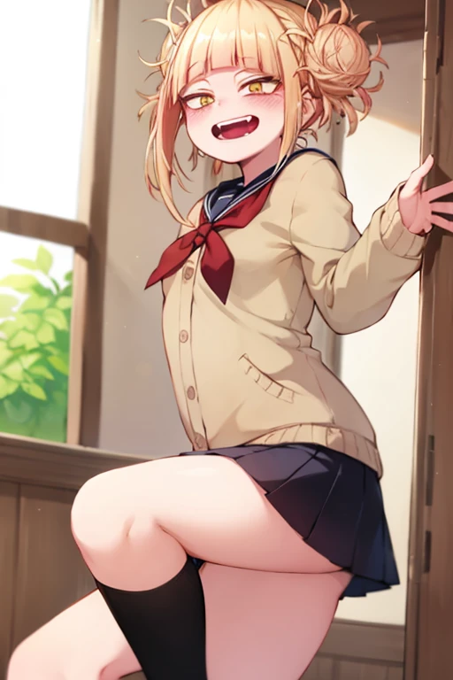 masterpiece、highest quality、I、detailed face、Himiko Toga、yellow eyes、high details、random environment、random pose、anime style、laughter、leather shoes,Completely naked