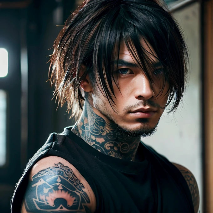 1 man, Japanese man, male, Asian eyes, blue eyes, muscular, broad shoulders, yakuza tattoos, hairstyle Visual Kei style, hair Visual Kei, black men's shirt and black pants, ultra detailed face and eyes , hyperrealistic, realistic representation, long hair, long hair, 30 years old, age 30 years, blond, blonde hair