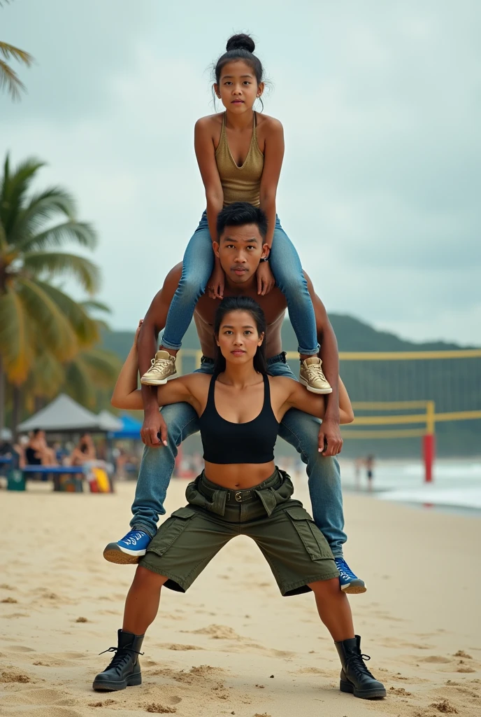 An Indonesian middle aged woman is with a tied hair, wearing black short sleeved crop top, green low waisted short cargo pants, and black boots. The woman has a huge and muscular posture. The woman is wrapping her arms backward and downward. An Indonesian young girl is wearing gold bodysuit and gold sneakers. The young girl has a fit and muscular posture. The girl is wrapping her arms backward and downward. A Korean man is shirtless, wearing jeans, and blue sneakers. The man has a skinny posture. The man is posing a two arm flexing. The man is sitting on the girl's shoulders. The girl is sitting on the woman's shoulders. A front view realistic photography, with a few coconut trees and beach volleyball court as its background.