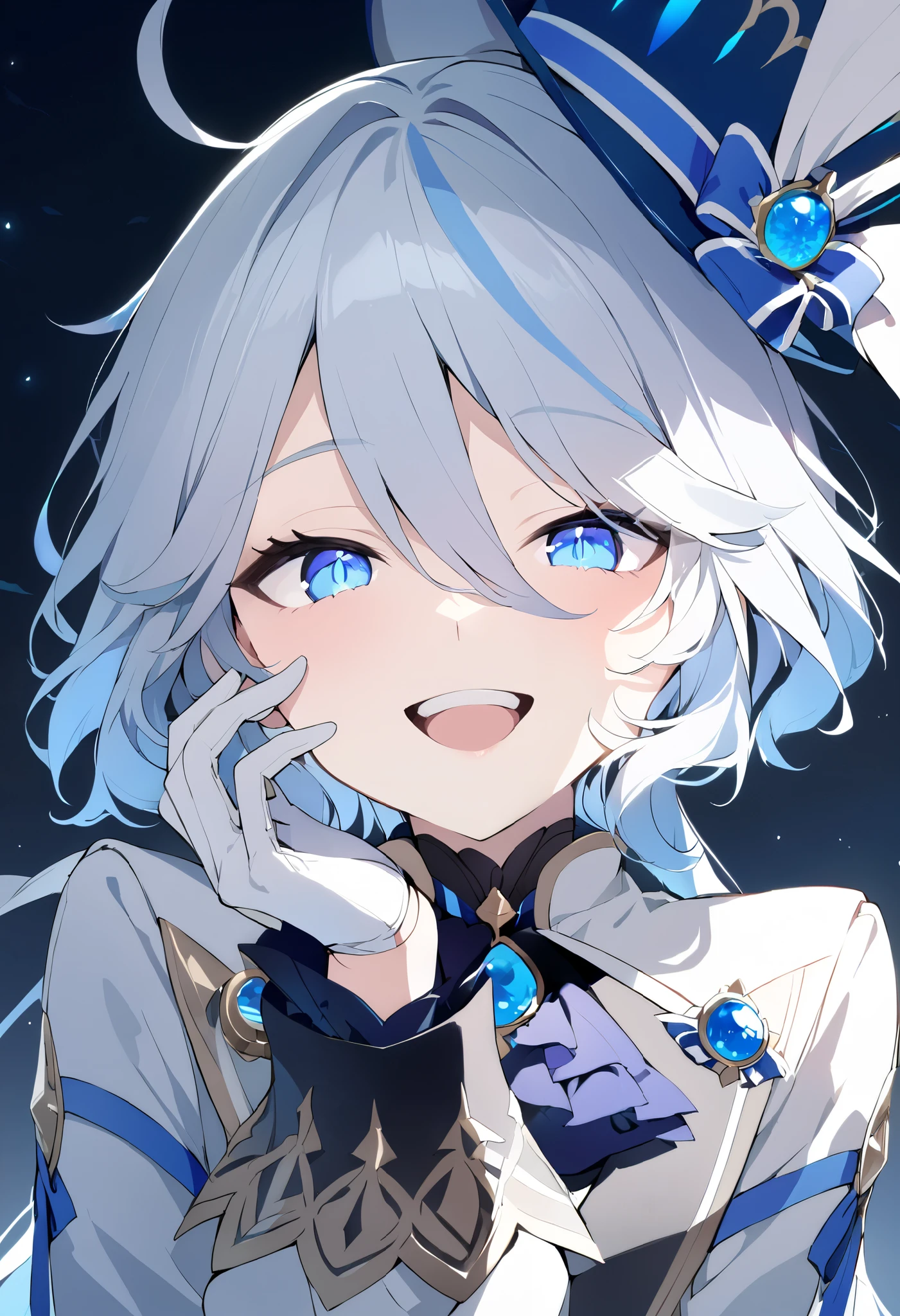  1 girl、solo、gloves、hat、 blue eyes、 stares at viewers、 smiles、 Long Sleeve 、 open her mouth 、白gloves、bangs、:d、 、 hand on one's face 、Blue head decoration 、Gray Hair、 upper body、teeth、 hair between eyes 、 place your hand on your cheek
