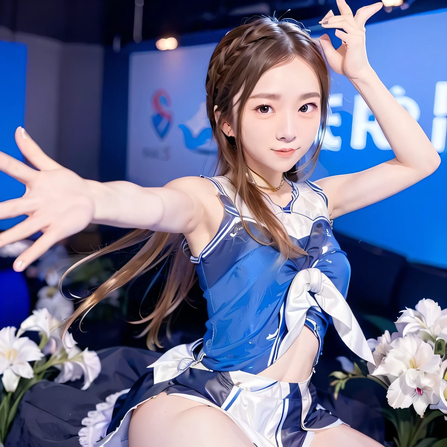 She's wearing a cheerleader costume with a cute design, and her miniskirt and bright bow are eye-catching. She is holding blue pompoms in both hands. The background is a soccer stadium illuminated by the night sky, and the lighting creates a dramatic atmosphere. She is cheering in a pose with one leg raised high. White panties are visible. 8k, top quality, Braided Bang ,, nice, Floating Hair, ( dynamic pose:0.6), soft lighting , Charming, ( Beautiful Eyes , detail eyes, Detailed Iris, beautiful lips, Beautiful Nose, beautiful face).