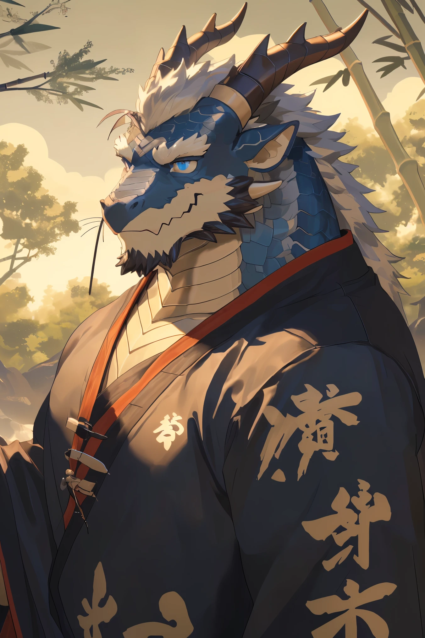 masterpiece, high quality, (Eastern Dragon Furry:1.5), (muscular mature male:1.6), full body portrait, (red scales:1.8), (white belly scales:1.4), (deep blue eyes:1.5), (antler horns:1.4), (gray mane with white roots:1.5), (shirtless:1.4), (broad chest:1.5), strong posture, standing quietly, (traditional Chinese garden background with bamboo forest:1.8), defined muscles, dignified pose, various facial details, close up, specific description, CG, detailed dragon whiskers, dragon pattern scales, long dragon tail, specific facial details, half body, middle-aged, face focus, 16K, HD, white chest scales, temple, long whiskers, facial scales pattern, (strong build:1.2), (muscle definition:1.3), (high resolution:1.3), (detailed face:1.5), perfect detail, (zoom in on face:1.5), (red facial scales:1.2), (gray beard-like whiskers:1.3), (dragon face:1.6), (white underbelly:1.3), (dragon features:1.5), (majestic aura:1.3), CG, (royal bearing:1.3), (traditional robes:1.5), (noble:1.5), realistic, tea set nearby